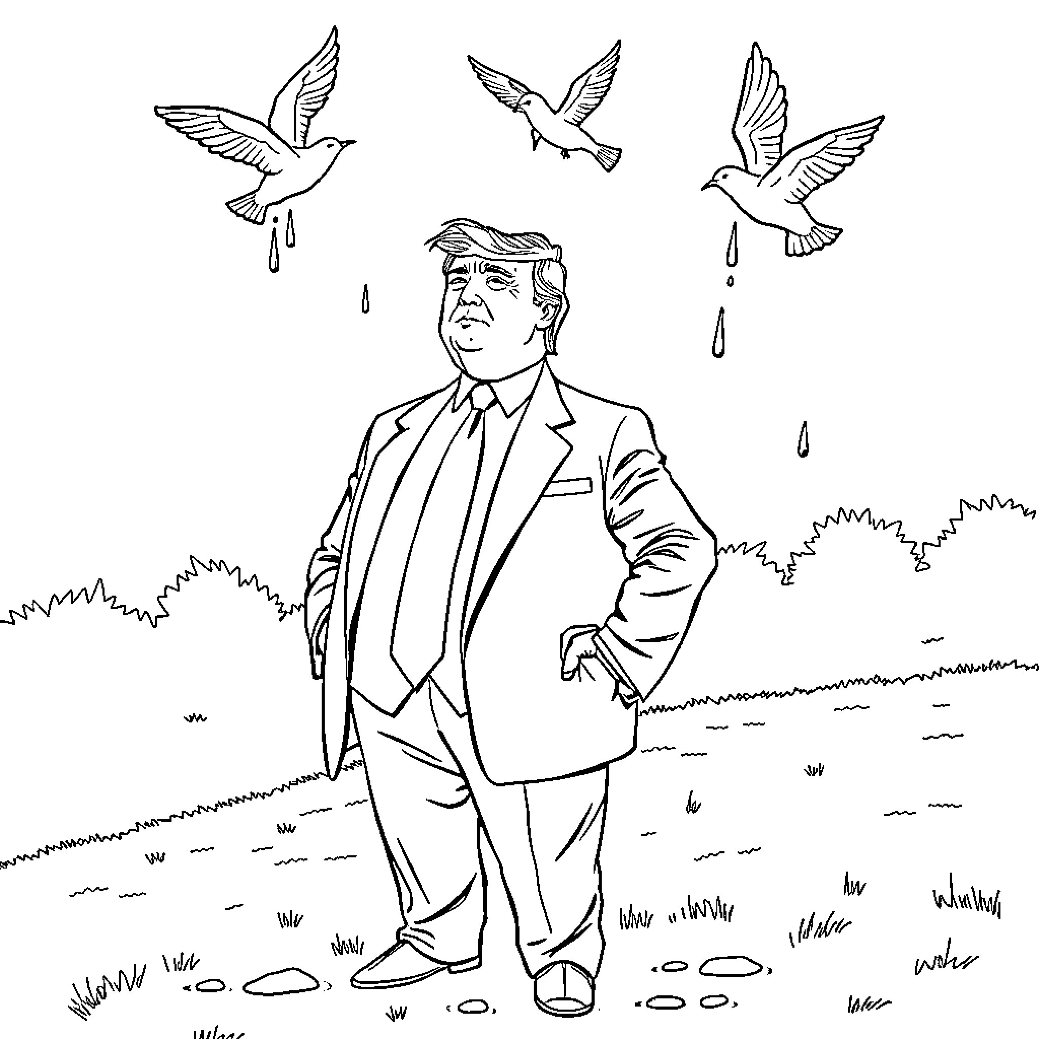 Donald Trump standing alone with birds flying overhead Coloring Page (free black-and-white line drawing printable PDF for all, from beginners to advanced learners, including children, teens, adults, and seniors)