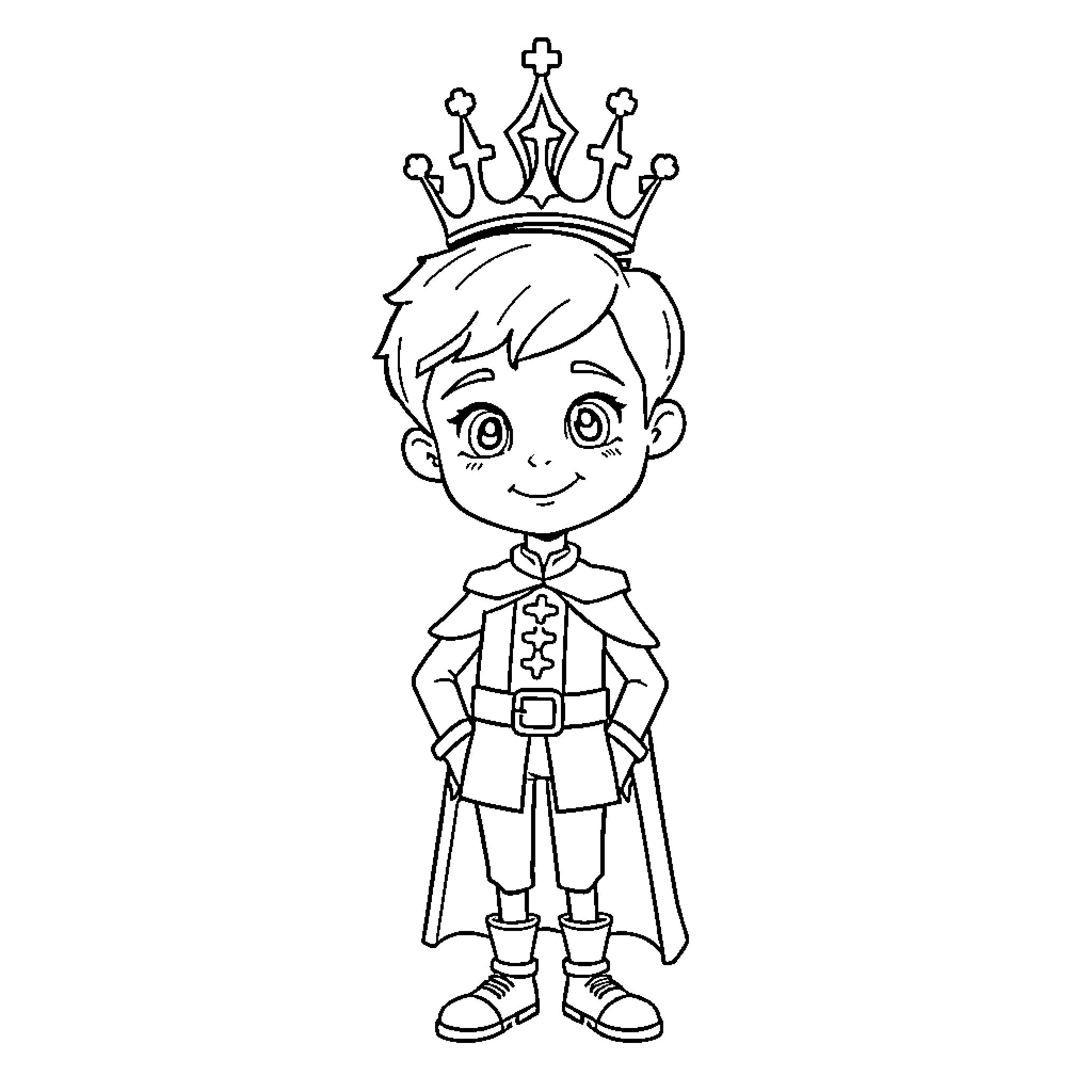 Prince in Regal Attire and Crown Coloring Page (free black-and-white line drawing printable PDF for all, from beginners to advanced learners, including children, teens, adults, and seniors)