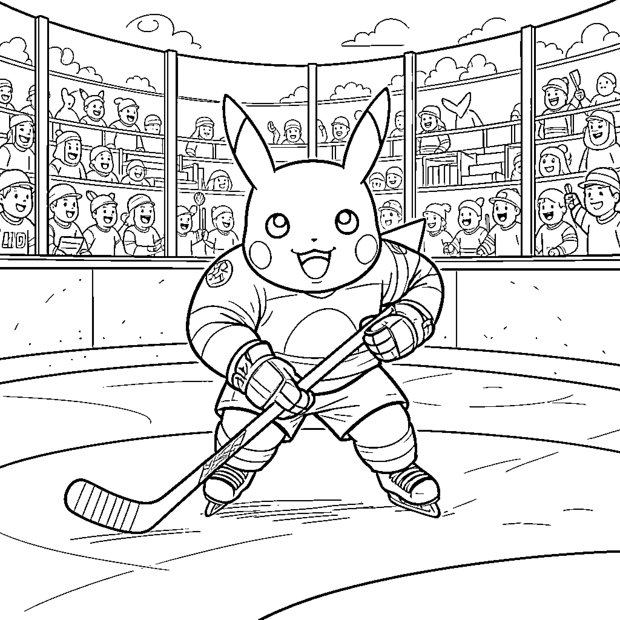 Pikachu playing ice hockey in a stadium Coloring Page (free black-and-white line drawing printable PDF for all, from beginners to advanced learners, including children, teens, adults, and seniors)