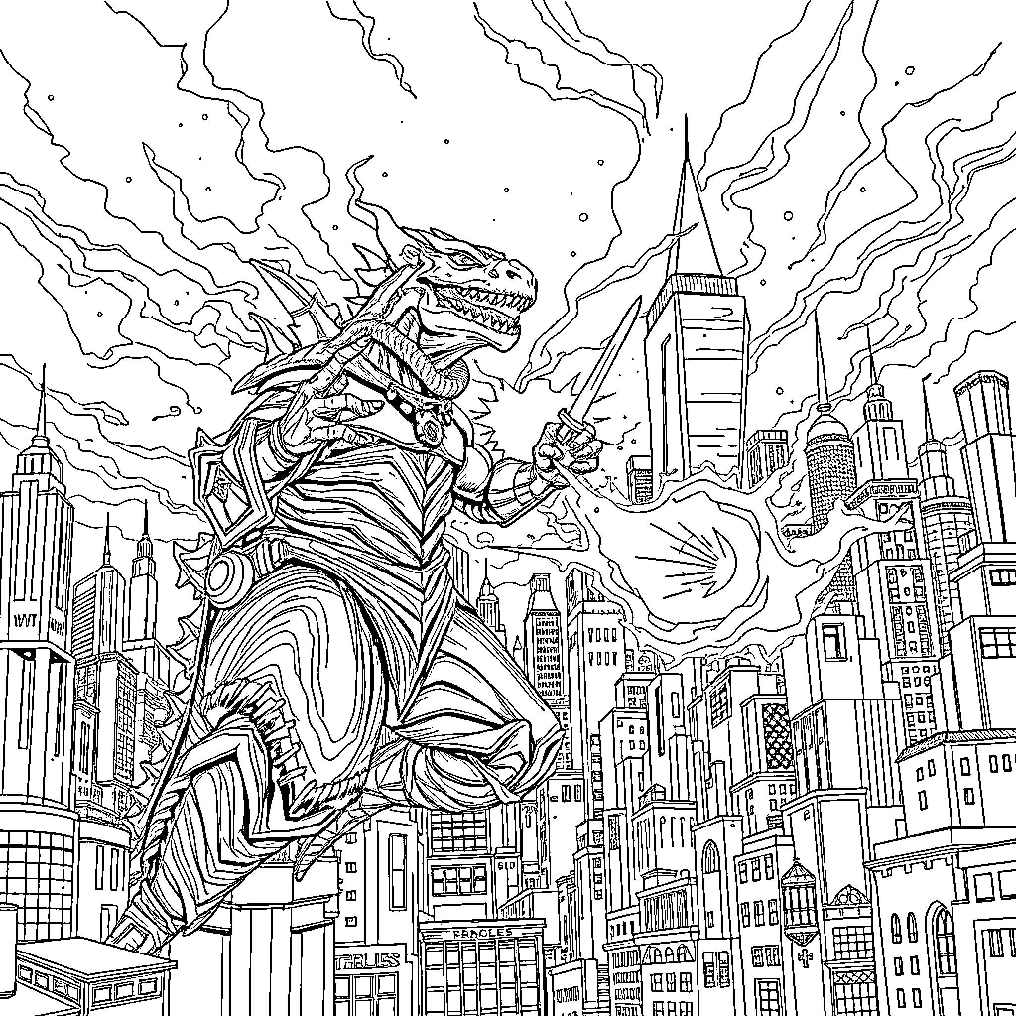 Tezzeret's Monstrous Rampage Through the City Coloring Page (free black-and-white line drawing printable PDF for all, from beginners to advanced learners, including children, teens, adults, and seniors)