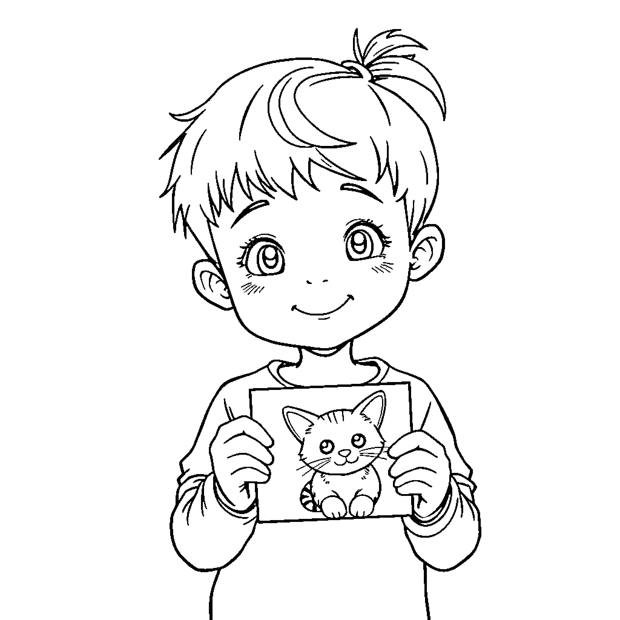 Cat Cartoon Boy Holding Kitten Coloring Page (free black-and-white line drawing printable PDF for all, from beginners to advanced learners, including children, teens, adults, and seniors)