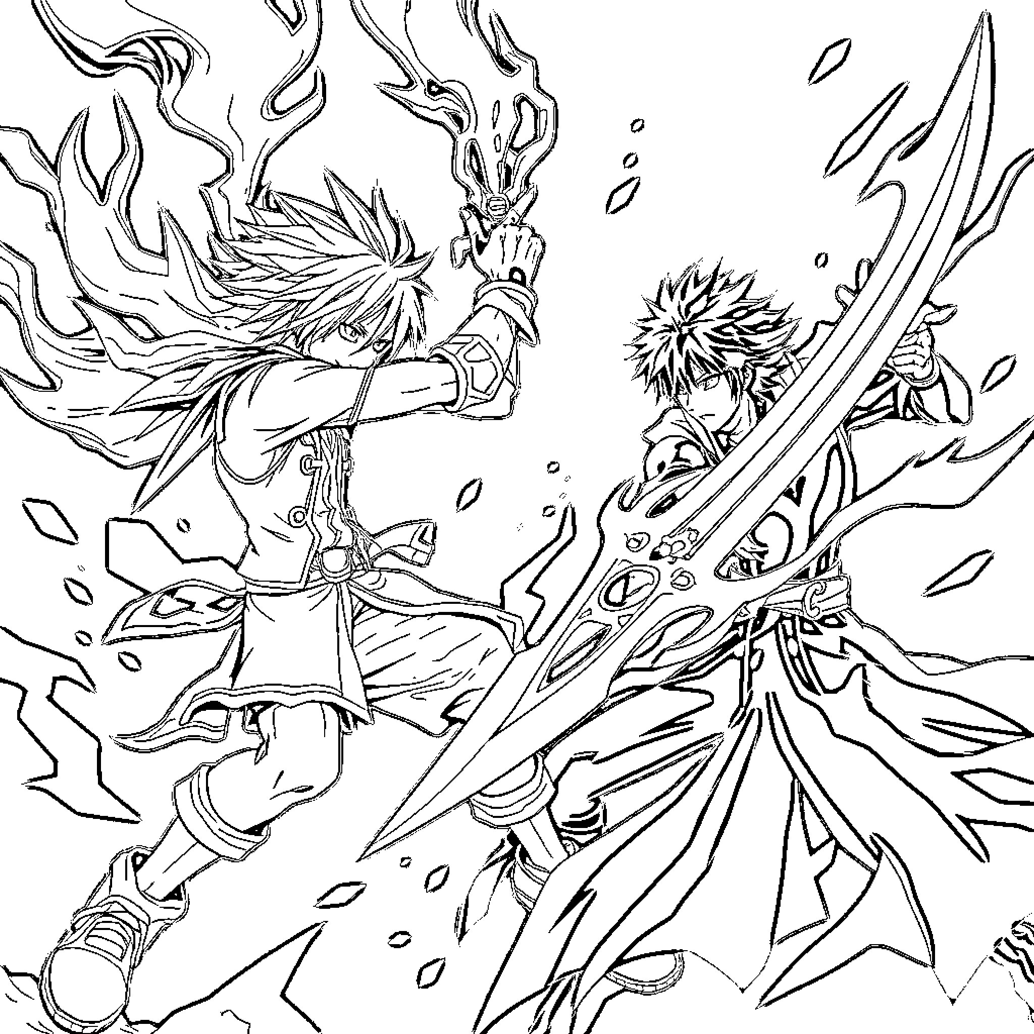 Sora's Fierce Clash with Rival Wielding Enchanted Blades Coloring Page (free black-and-white line drawing printable PDF for all, from beginners to advanced learners, including children, teens, adults, and seniors)