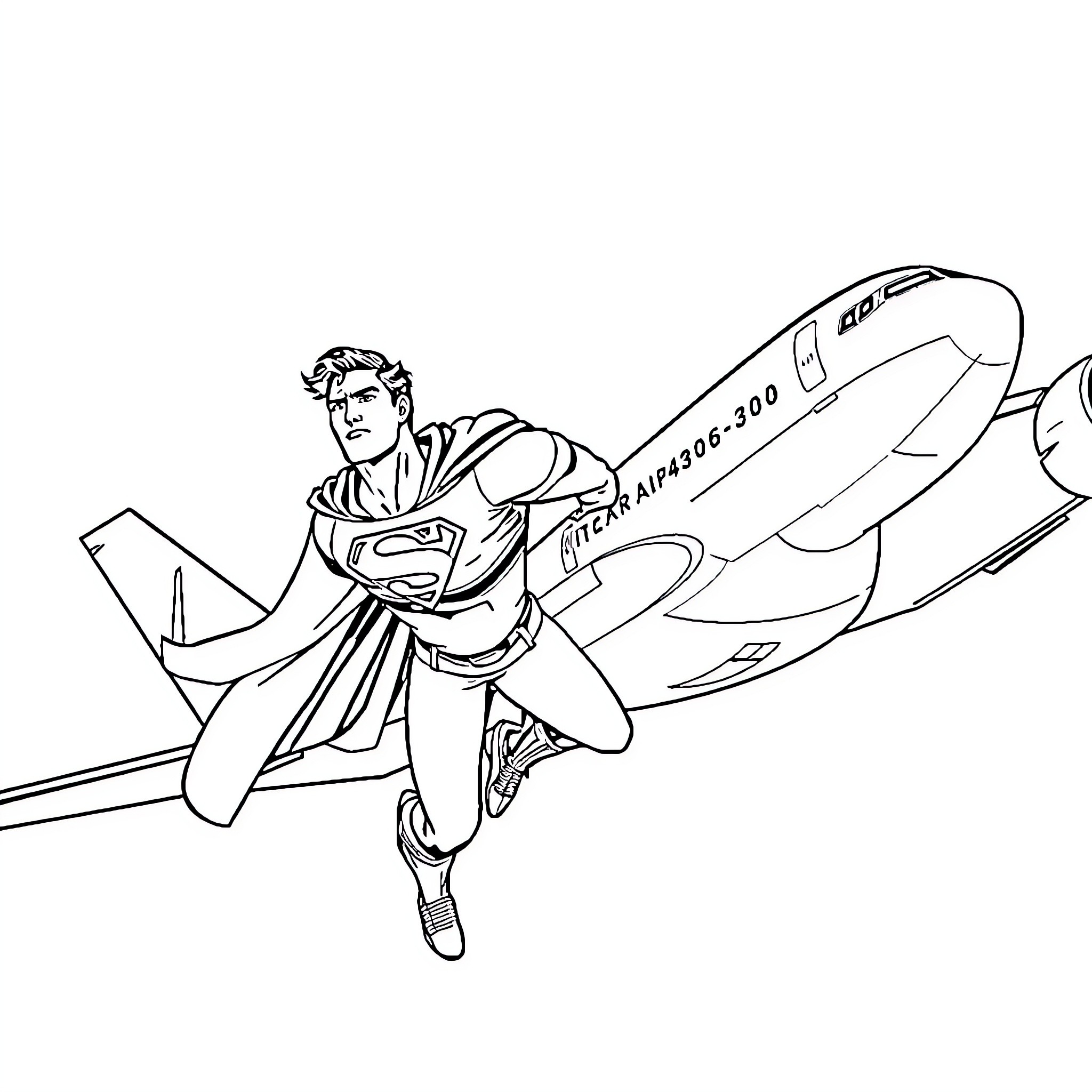 Superman in heroic action pose with aircraft Coloring Page (free black-and-white line drawing printable PDF for all, from beginners to advanced learners, including children, teens, adults, and seniors)