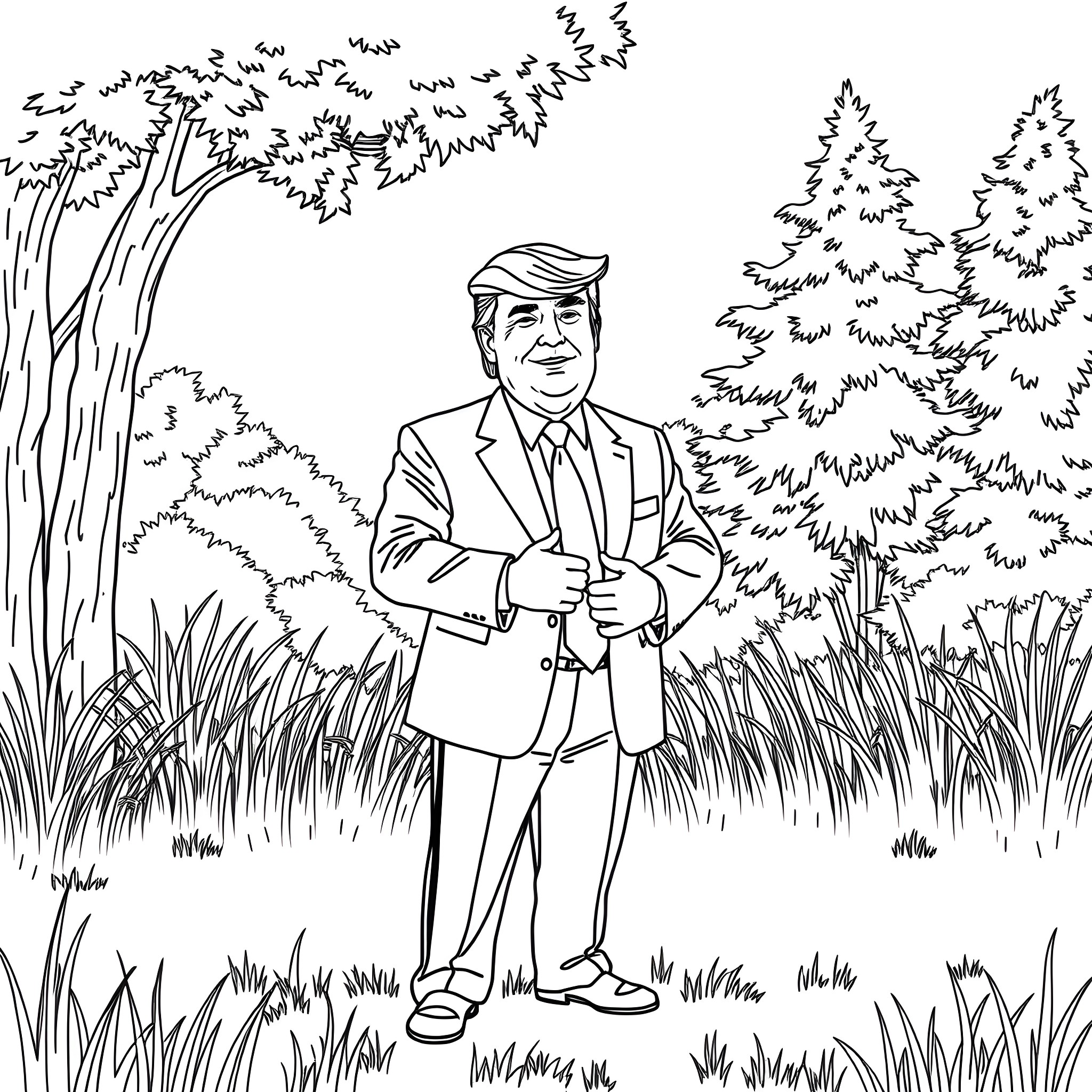 Donald Trump walking confidently in the park Coloring Page (free black-and-white line drawing printable PDF for all, from beginners to advanced learners, including children, teens, adults, and seniors)
