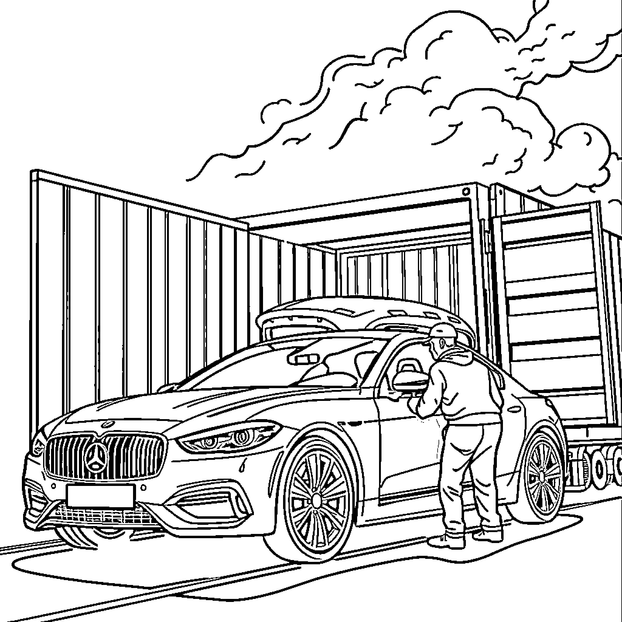 Loading Team Preparing Luxury Sports Car for Shipment Coloring Page (free black-and-white line drawing printable PDF for all, from beginners to advanced learners, including children, teens, adults, and seniors)