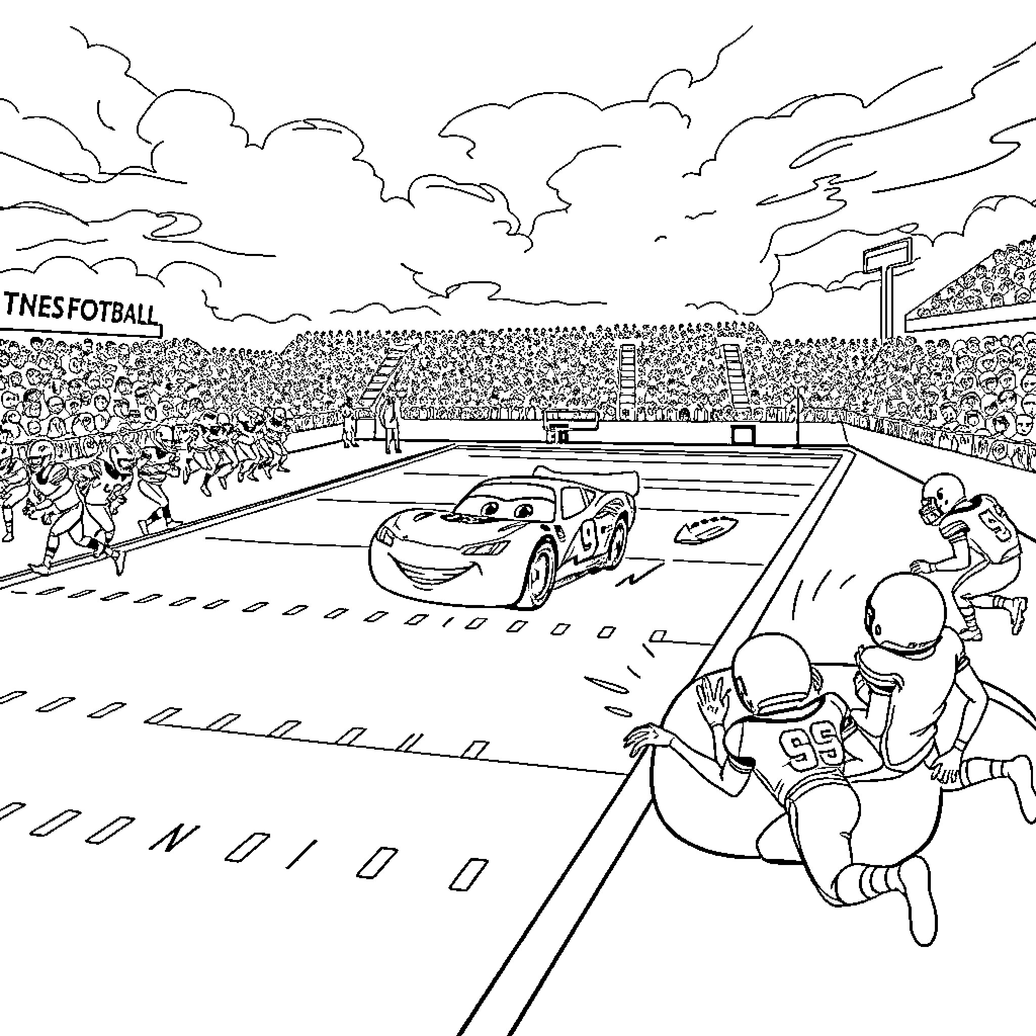 Lightning McQueen Racing in the Trestonian Footballball Stadium Coloring Page (free black-and-white line drawing printable PDF for all, from beginners to advanced learners, including children, teens, adults, and seniors)