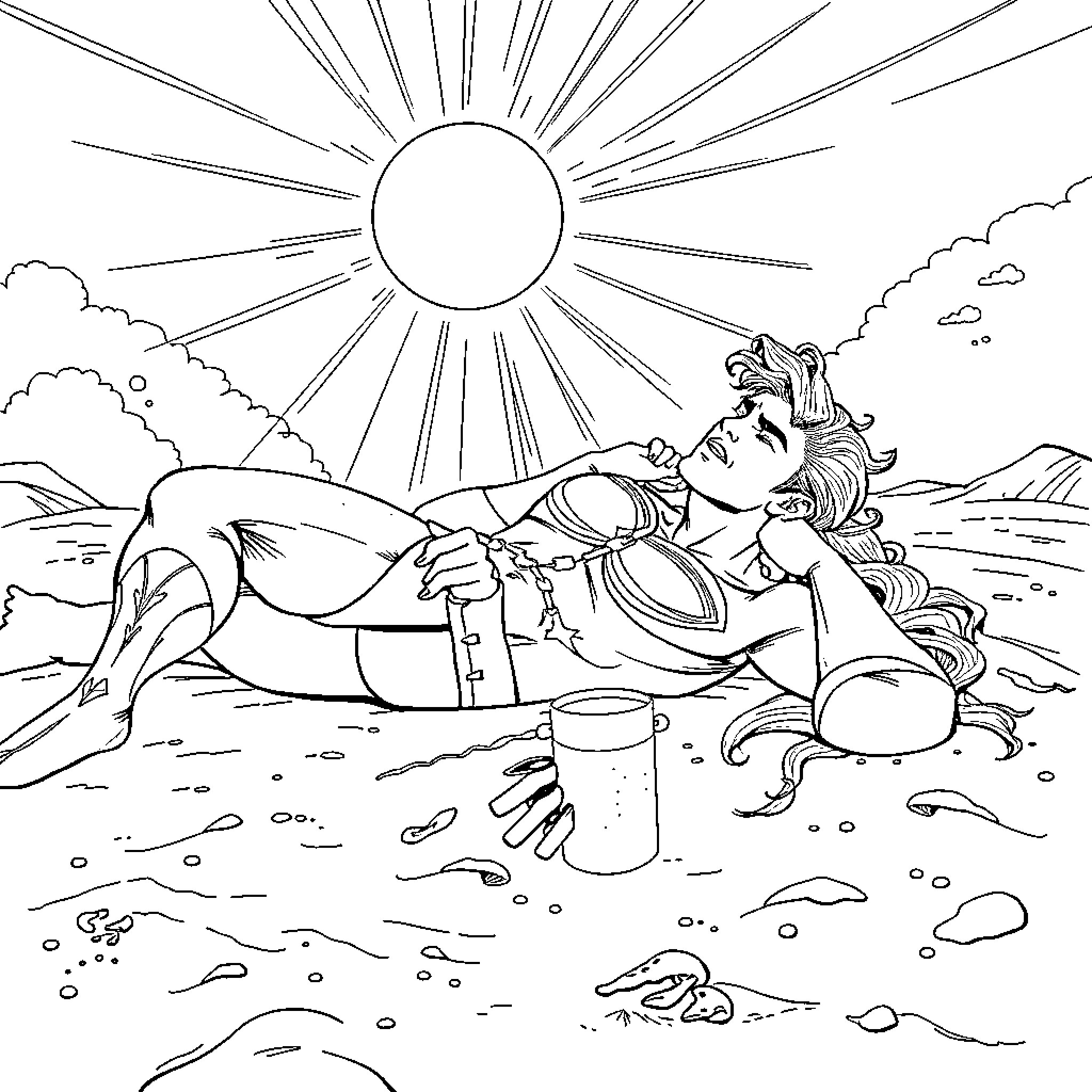 Aquaman lounging on the beach Coloring Page (free black-and-white line drawing printable PDF for all, from beginners to advanced learners, including children, teens, adults, and seniors)