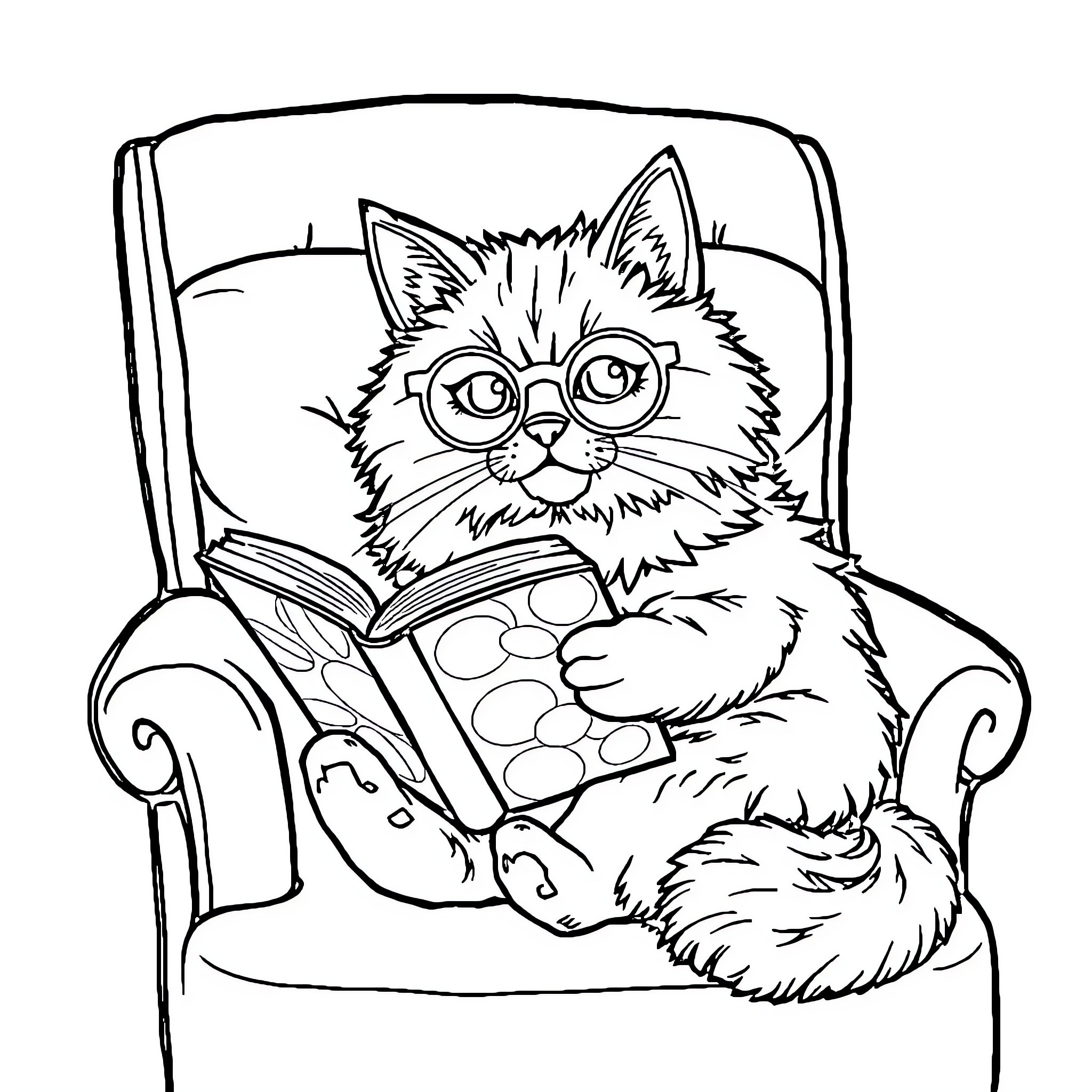 Cat reading a book in a chair Coloring Page (free black-and-white line drawing printable PDF for all, from beginners to advanced learners, including children, teens, adults, and seniors)