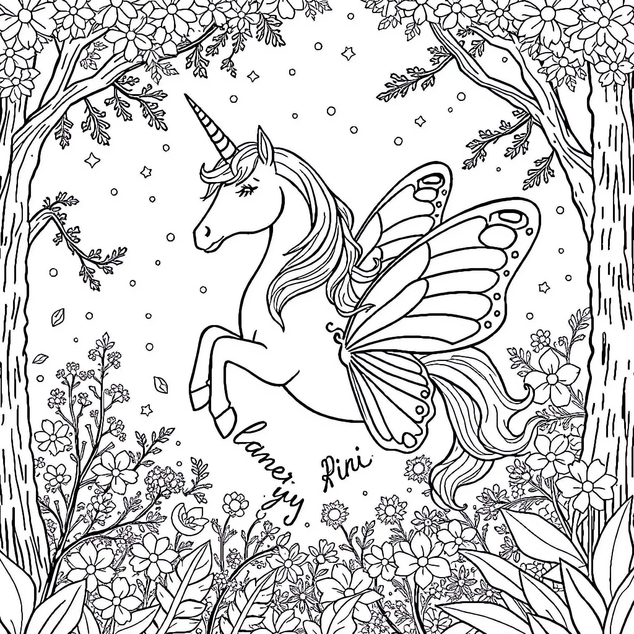 Unicorn Fairy in Enchanted Forest Coloring Page (free black-and-white line drawing printable PDF for all, from beginners to advanced learners, including children, teens, adults, and seniors)