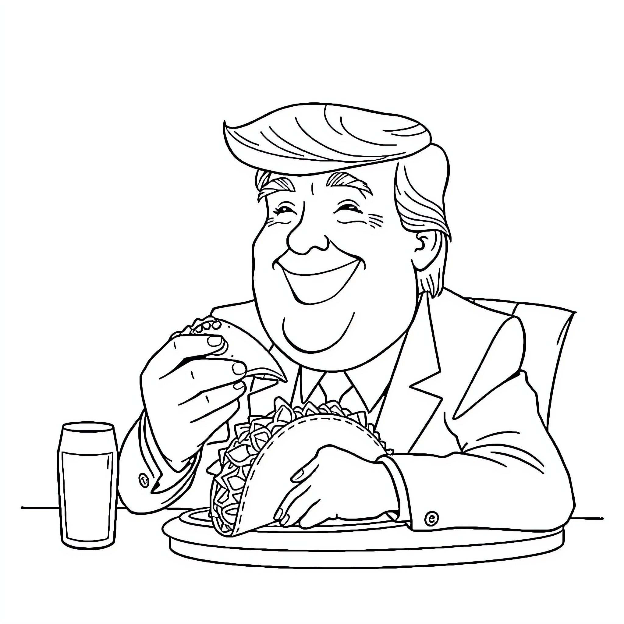 Trump Enjoys Meal with Enthusiasm Coloring Page (free black-and-white line drawing printable PDF for all, from beginners to advanced learners, including children, teens, adults, and seniors)