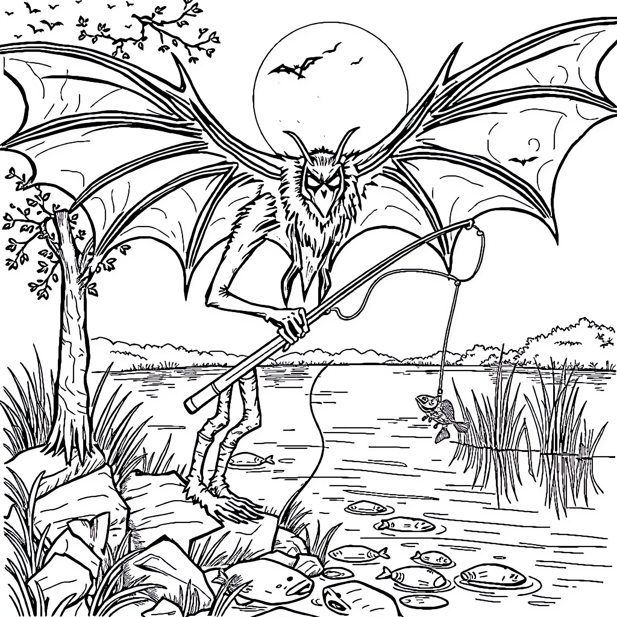 Mothman observing the lake at night Coloring Page (free black-and-white line drawing printable PDF for all, from beginners to advanced learners, including children, teens, adults, and seniors)