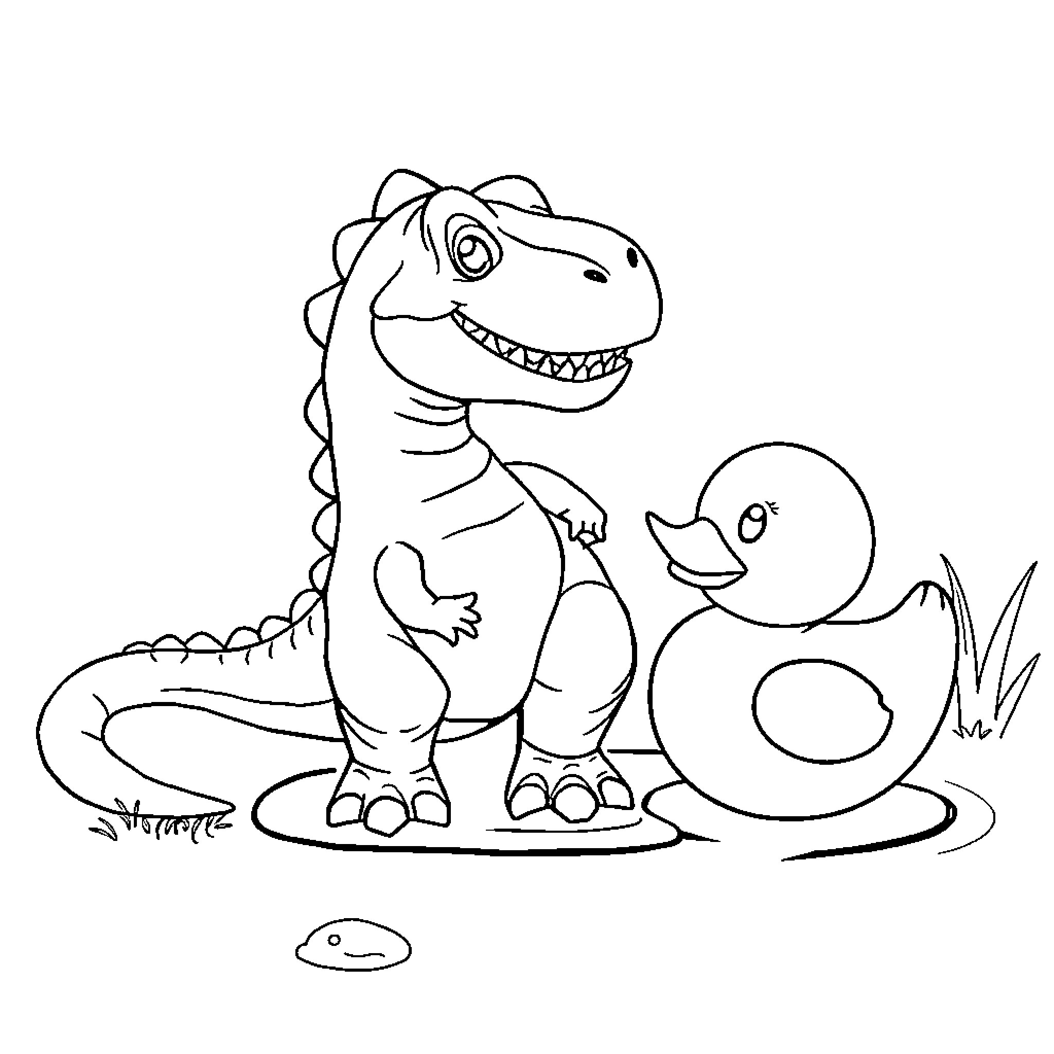 Dino and Duck Enjoying a Playful Encounter Coloring Page (free black-and-white line drawing printable PDF for all, from beginners to advanced learners, including children, teens, adults, and seniors)