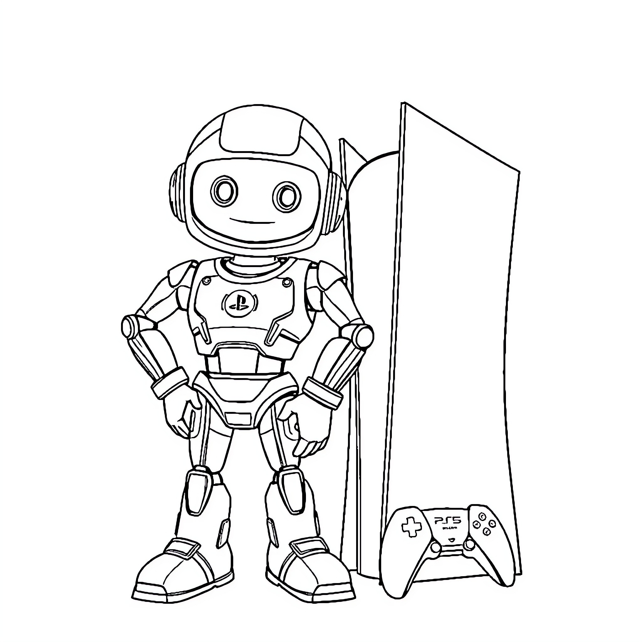 Astro Bot playing with gaming controller Coloring Page (free black-and-white line drawing printable PDF for all, from beginners to advanced learners, including children, teens, adults, and seniors)