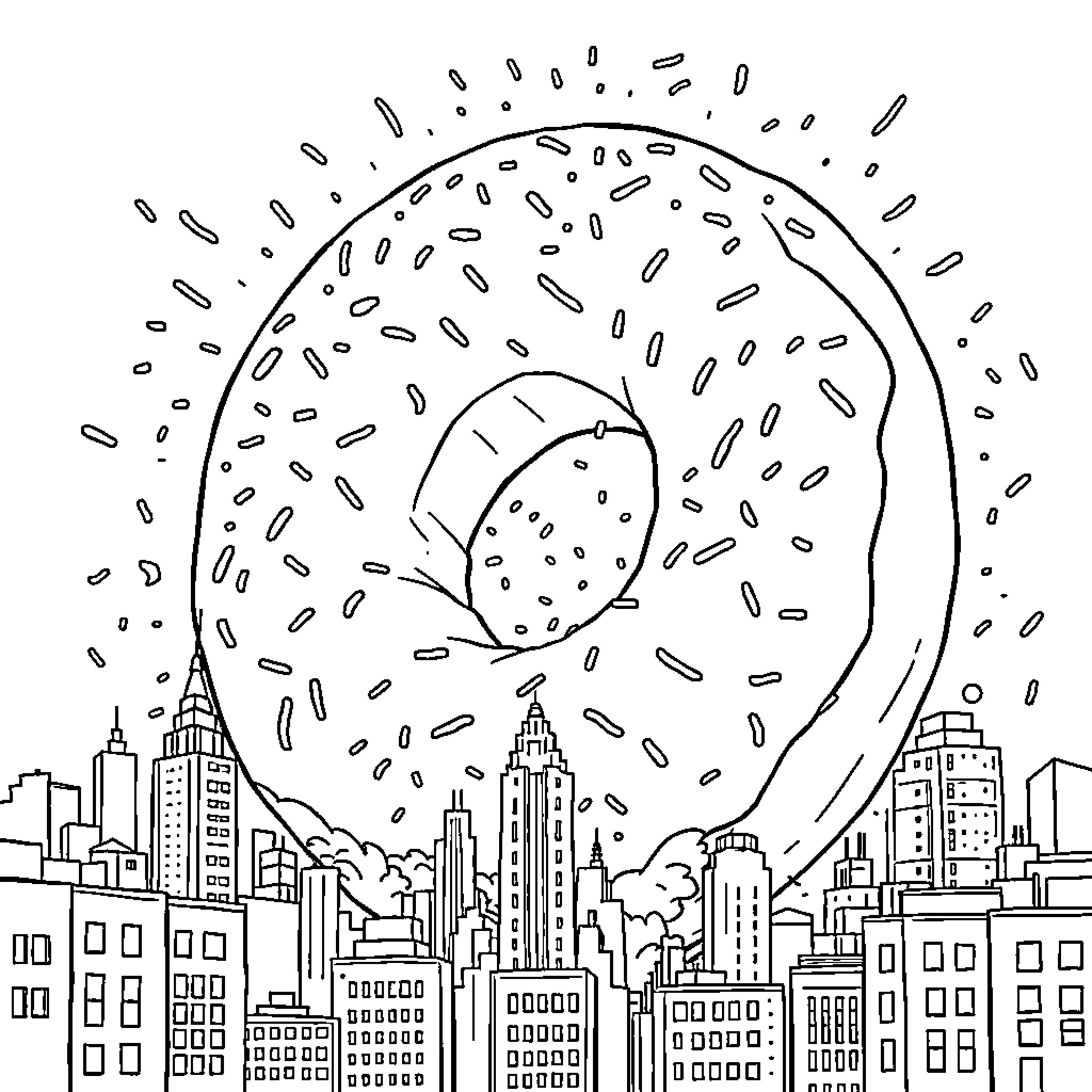 Donut falling over cityscape at night Coloring Page (free black-and-white line drawing printable PDF for all, from beginners to advanced learners, including children, teens, adults, and seniors)