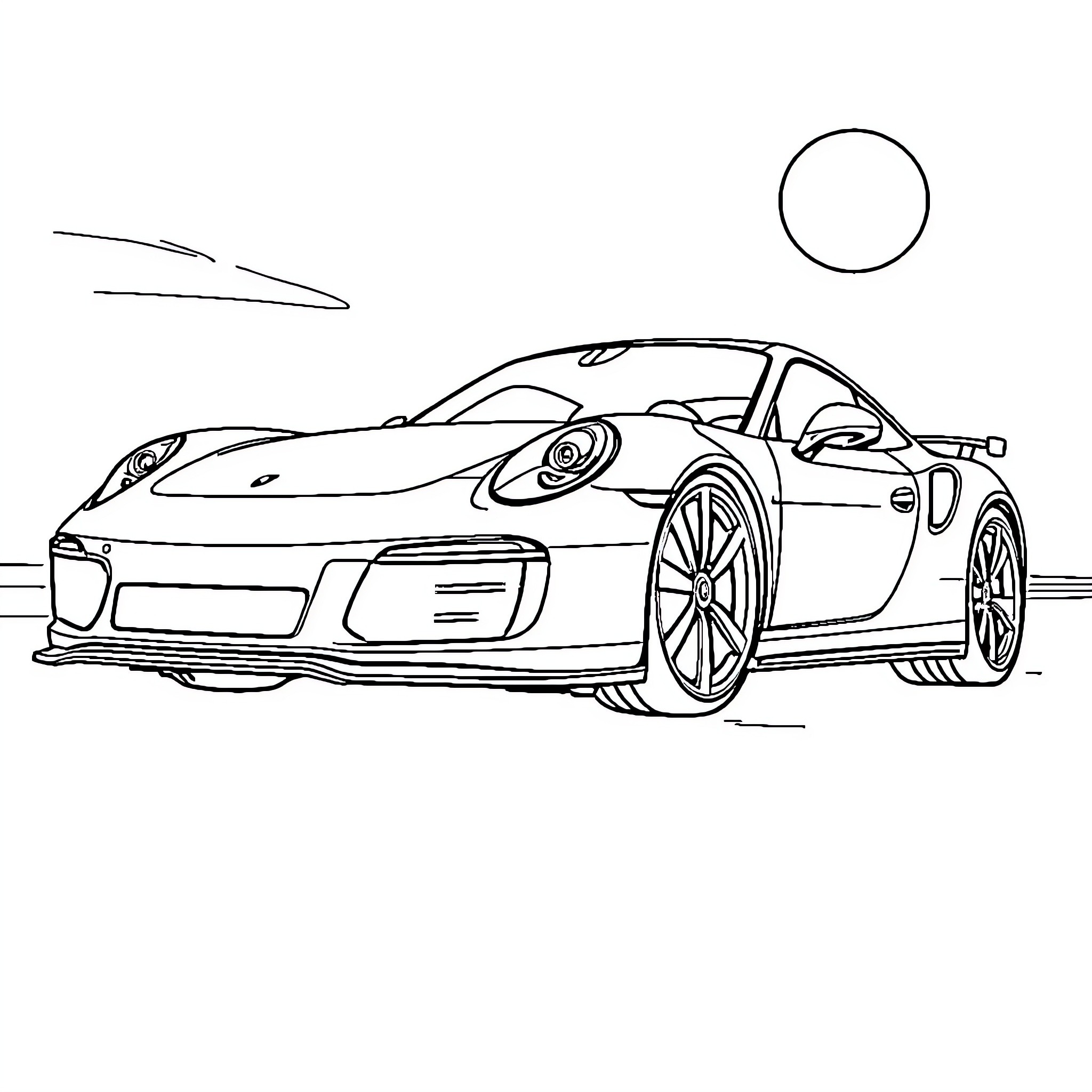 Porsche sports car in dynamic motion Coloring Page (free black-and-white line drawing printable PDF for all, from beginners to advanced learners, including children, teens, adults, and seniors)