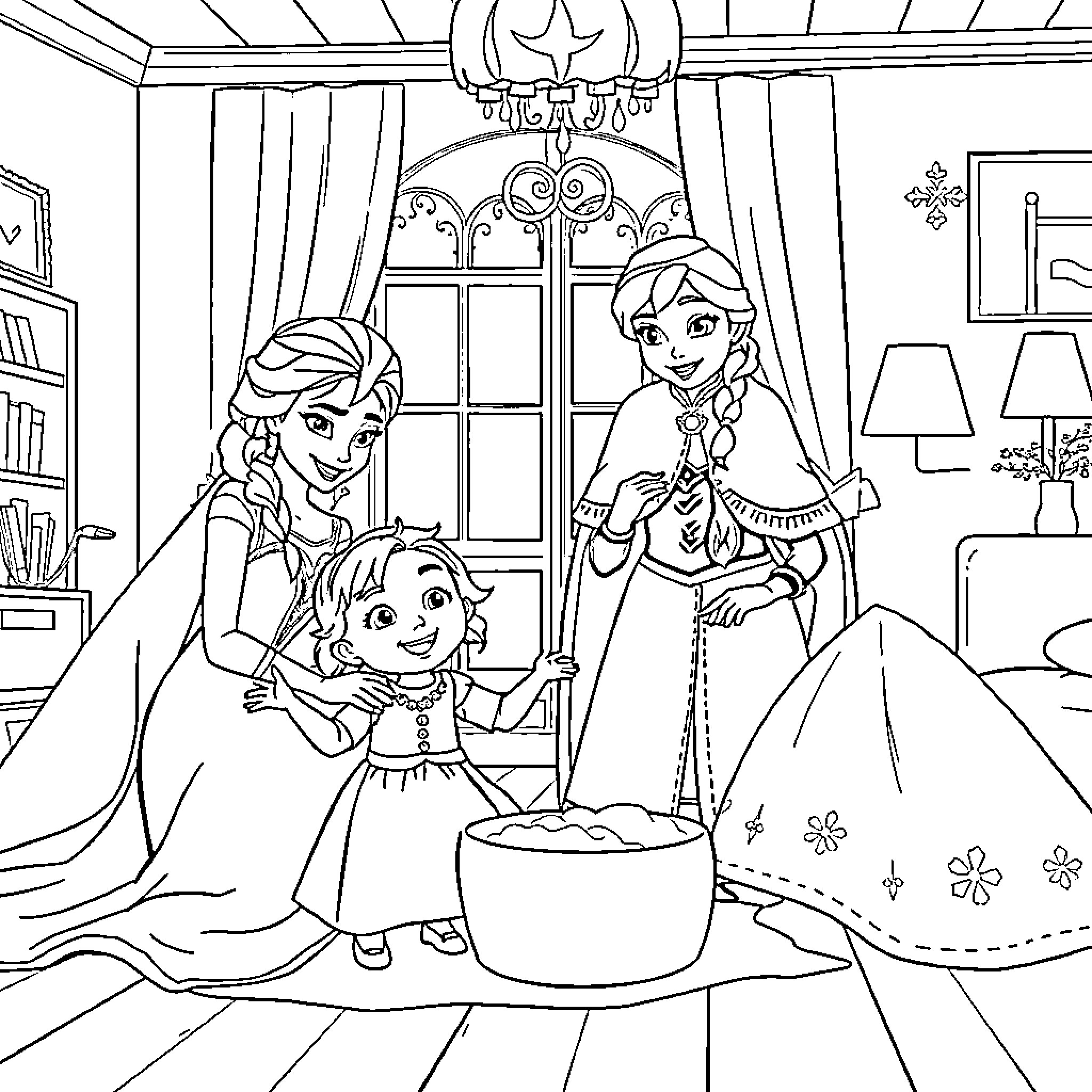 Elsa and Anna Spending Quality Time Together Coloring Page (free black-and-white line drawing printable PDF for all, from beginners to advanced learners, including children, teens, adults, and seniors)
