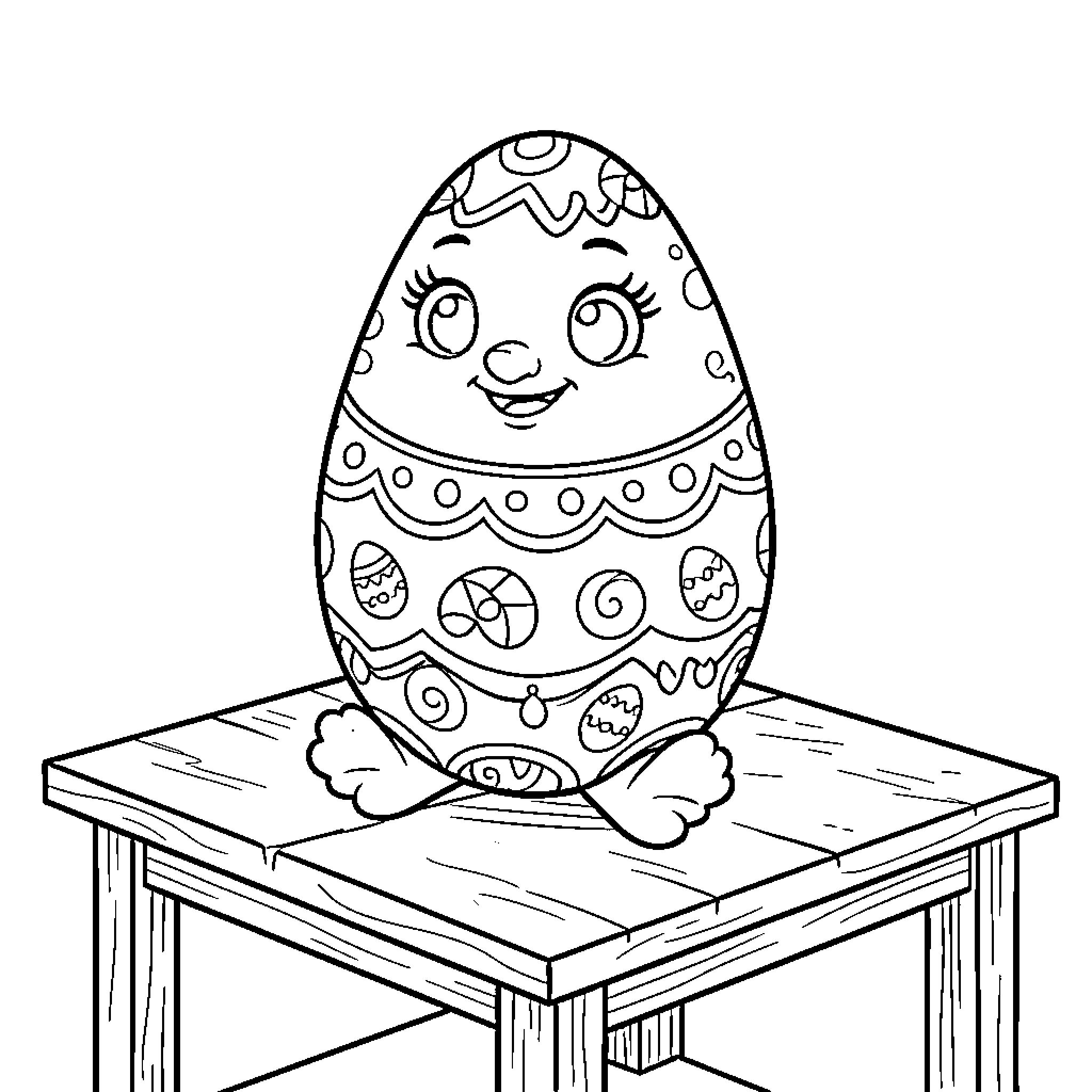 Easter Peep smiling while sitting on a wooden table Coloring Page (free black-and-white line drawing printable PDF for all, from beginners to advanced learners, including children, teens, adults, and seniors)