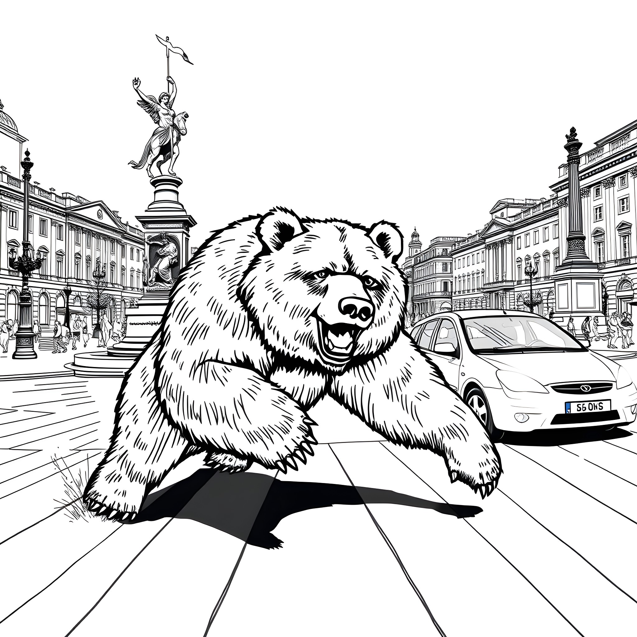 Bear roaming through an urban city scene Coloring Page (free black-and-white line drawing printable PDF for all, from beginners to advanced learners, including children, teens, adults, and seniors)