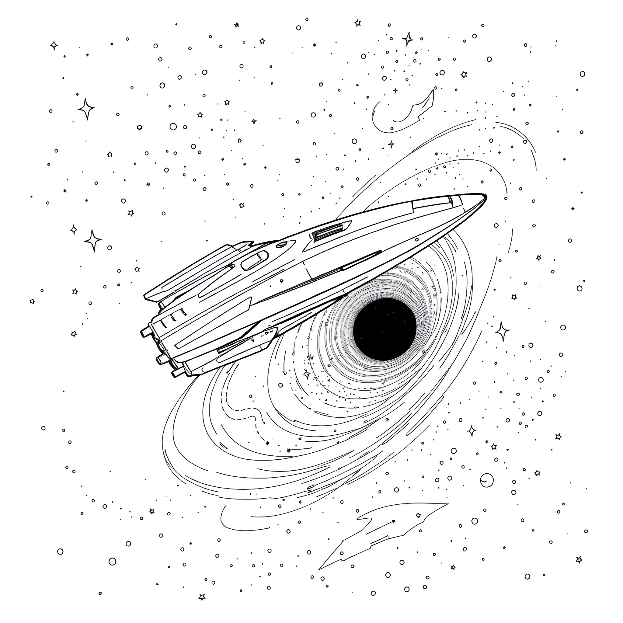 Spaceship soaring through cosmic wonders Coloring Page (free black-and-white line drawing printable PDF for all, from beginners to advanced learners, including children, teens, adults, and seniors)