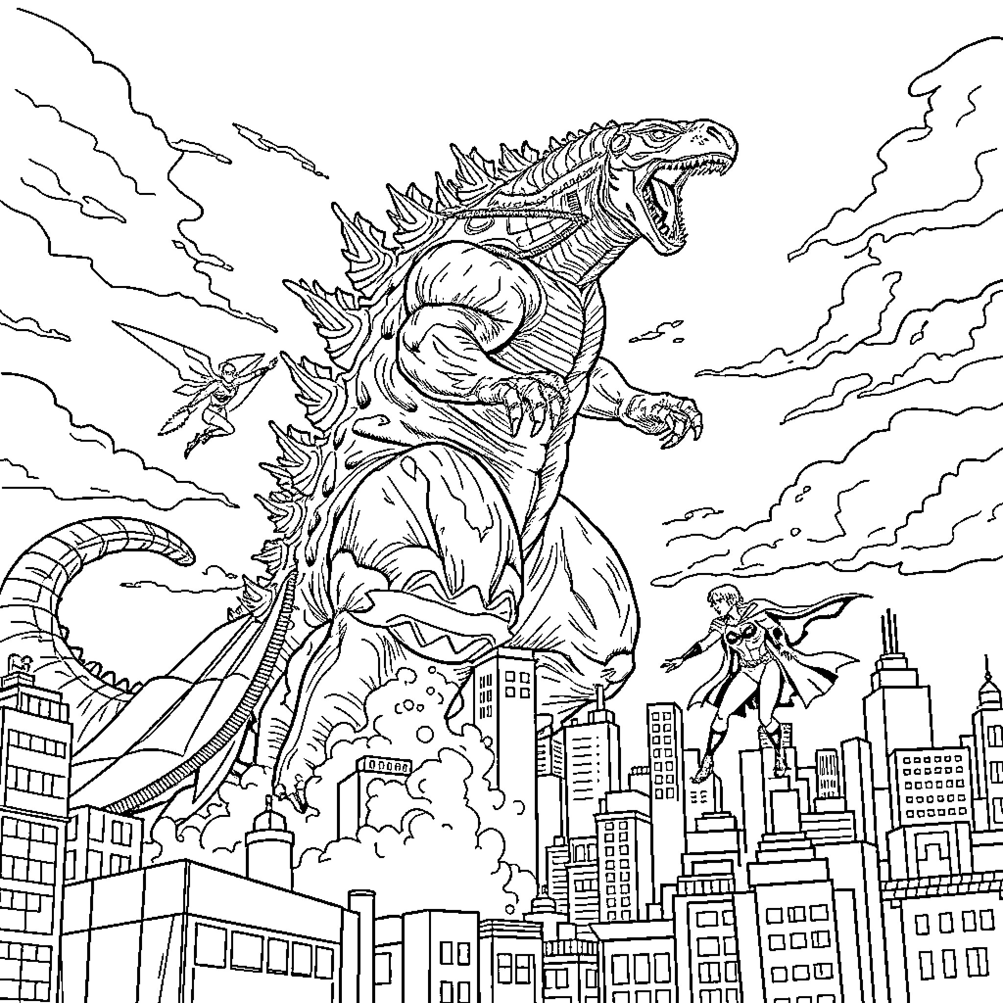 Godzilla rampaging through the city skyline Coloring Page (free black-and-white line drawing printable PDF for all, from beginners to advanced learners, including children, teens, adults, and seniors)