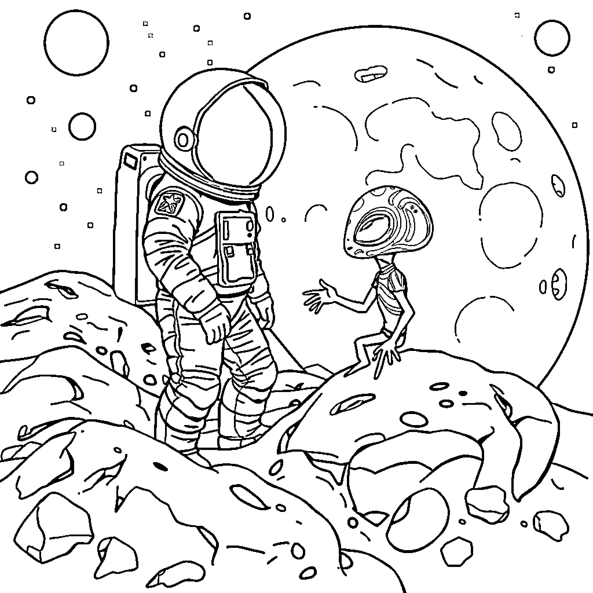 Astronaut exploring alien planet with strange creature Coloring Page (free black-and-white line drawing printable PDF for all, from beginners to advanced learners, including children, teens, adults, and seniors)