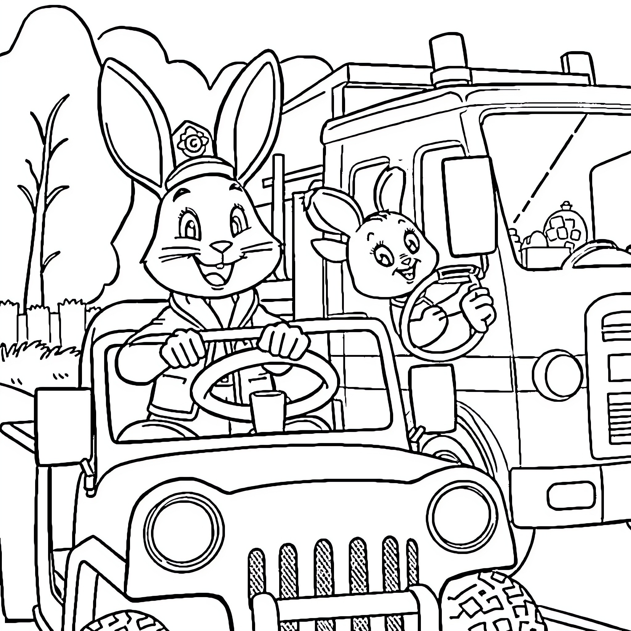 Bing Rabbit and friends go on an adventure in a vehicle Coloring Page (free black-and-white line drawing printable PDF for all, from beginners to advanced learners, including children, teens, adults, and seniors)