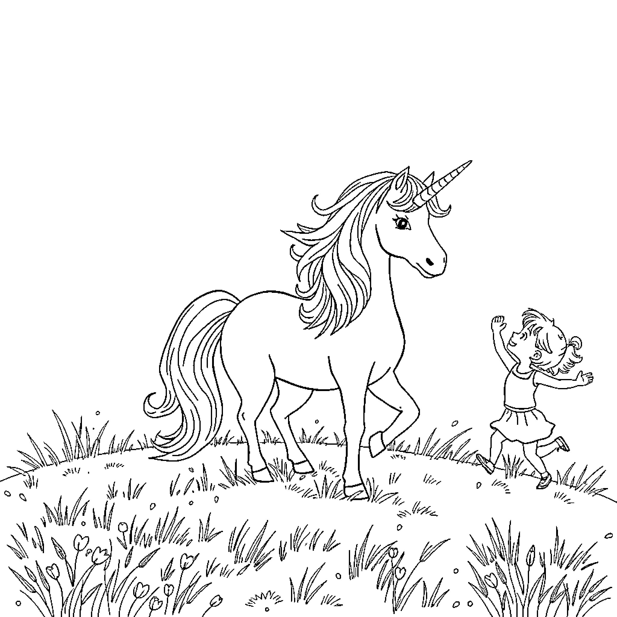 Unicorn grazing peacefully in the meadow Coloring Page (free black-and-white line drawing printable PDF for all, from beginners to advanced learners, including children, teens, adults, and seniors)