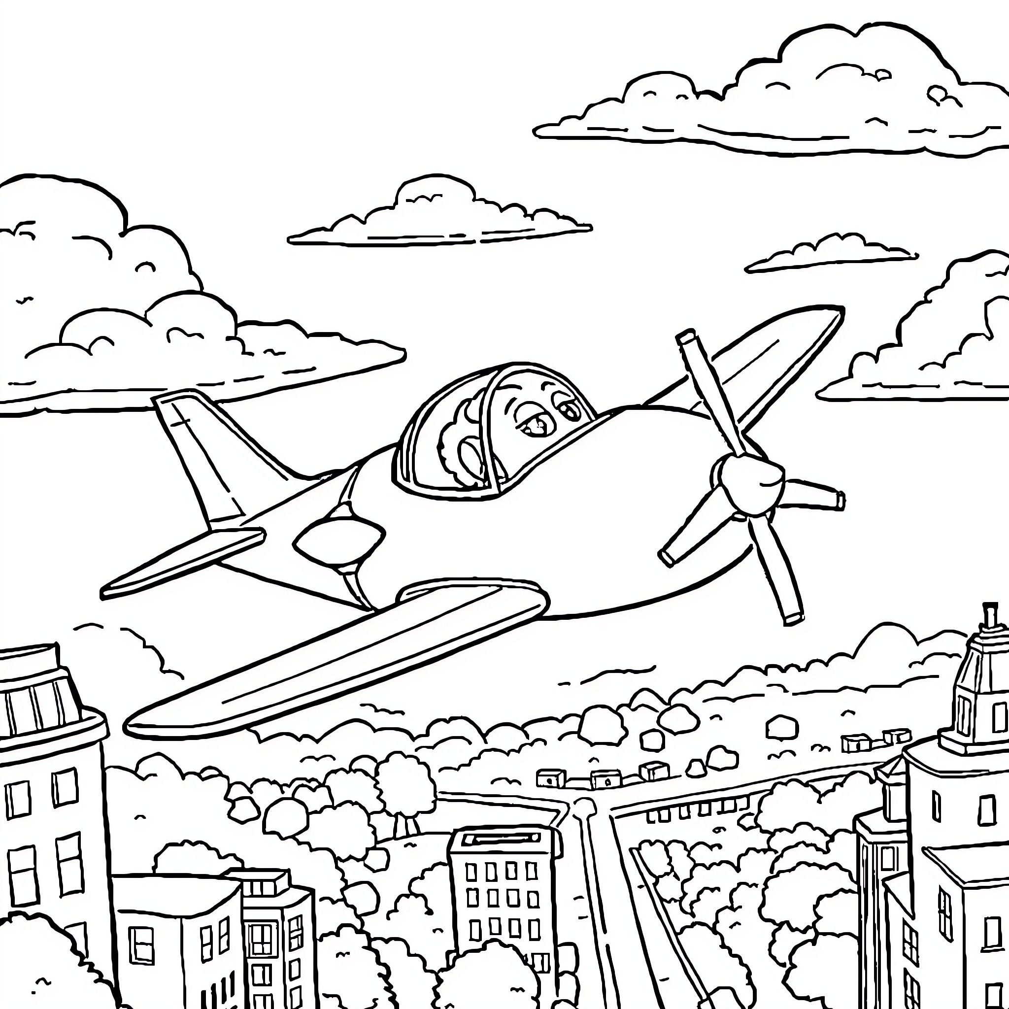 Paw Patrol Pup Piloting Propeller Plane Over City Coloring Page (free black-and-white line drawing printable PDF for all, from beginners to advanced learners, including children, teens, adults, and seniors)