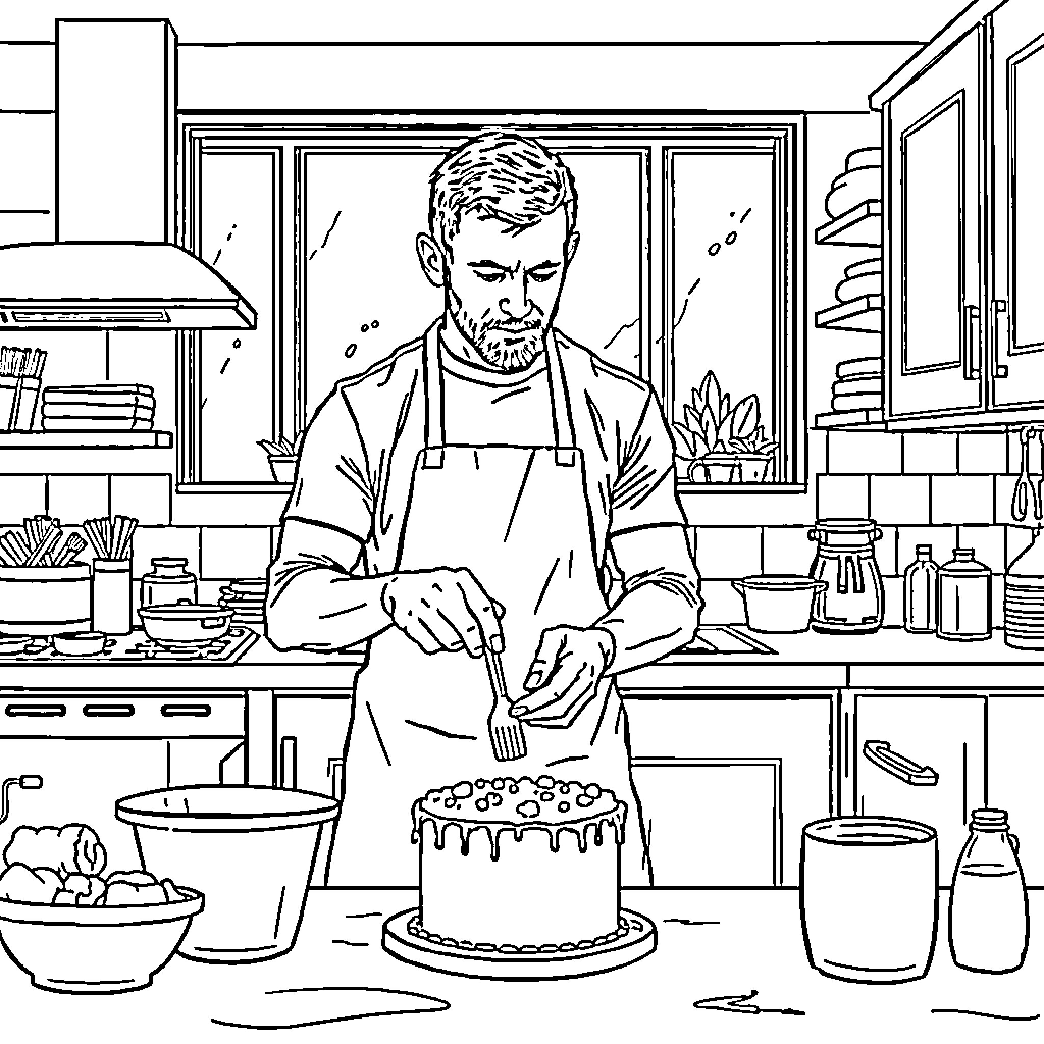 Wayne Rooney preparing a cake in the kitchen Coloring Page (free black-and-white line drawing printable PDF for all, from beginners to advanced learners, including children, teens, adults, and seniors)