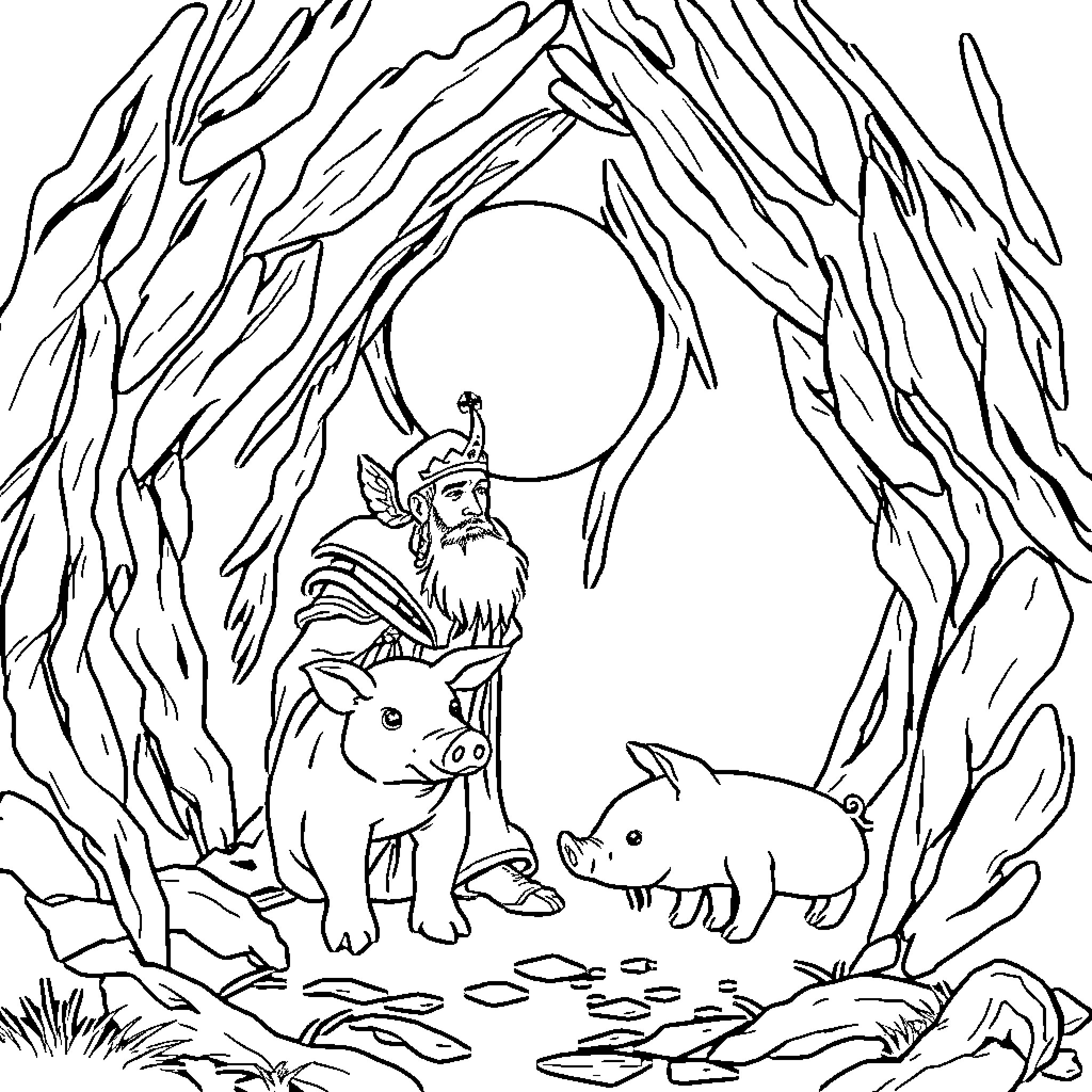 King Riding Mythical Creature Through Enchanted Forest Coloring Page (free black-and-white line drawing printable PDF for all, from beginners to advanced learners, including children, teens, adults, and seniors)