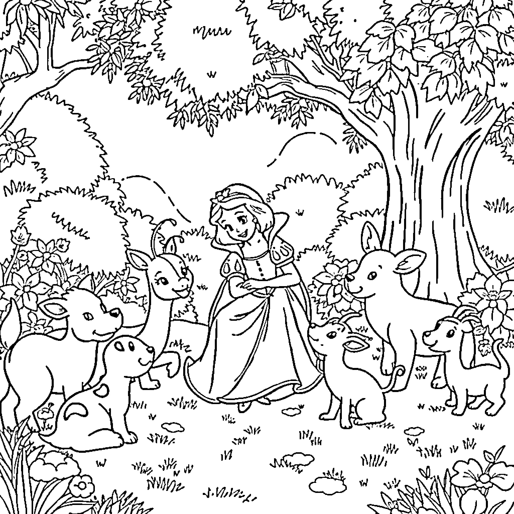 Snow White surrounded by forest animals Coloring Page (free black-and-white line drawing printable PDF for all, from beginners to advanced learners, including children, teens, adults, and seniors)