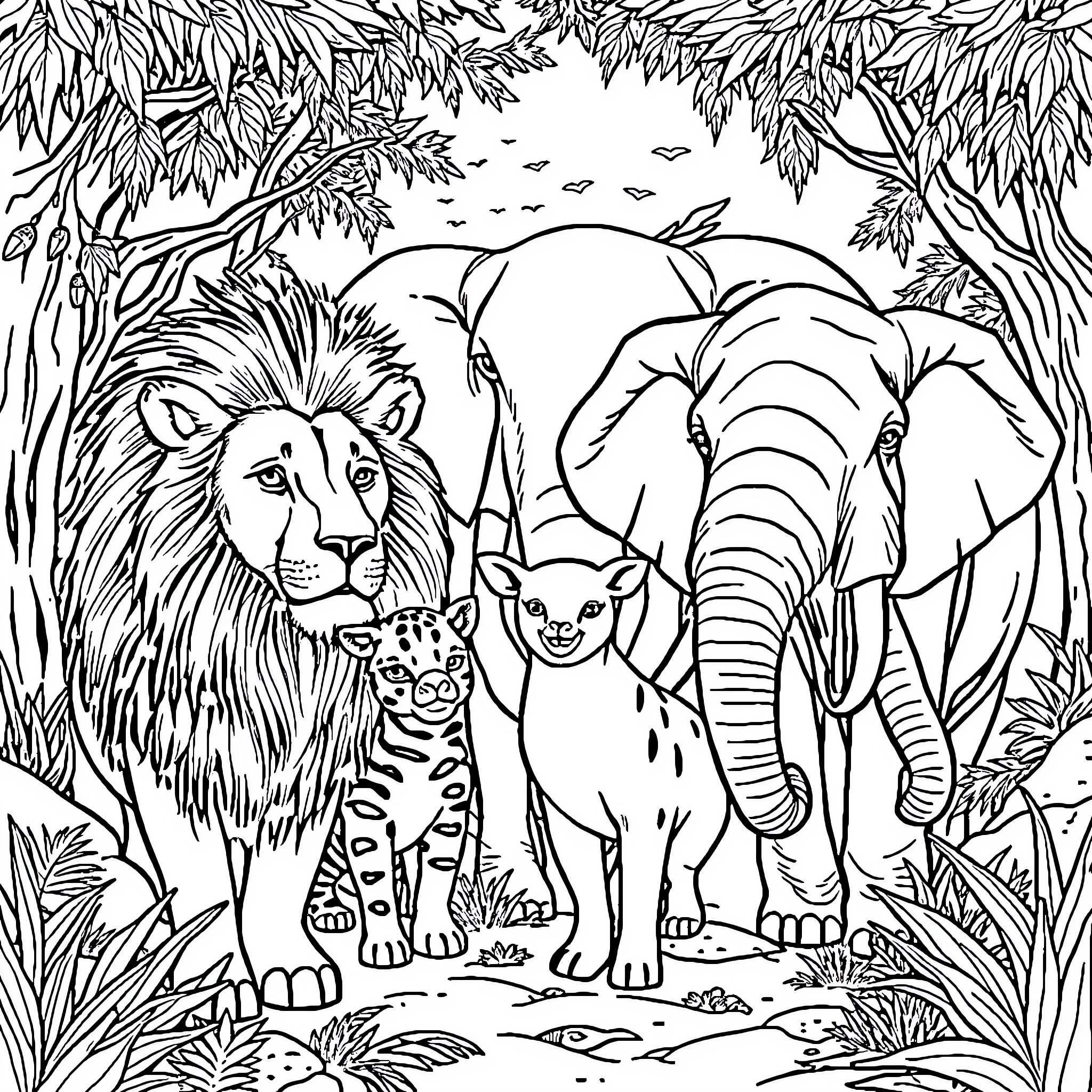 Animal family in the lush jungle Coloring Page (free black-and-white line drawing printable PDF for all, from beginners to advanced learners, including children, teens, adults, and seniors)