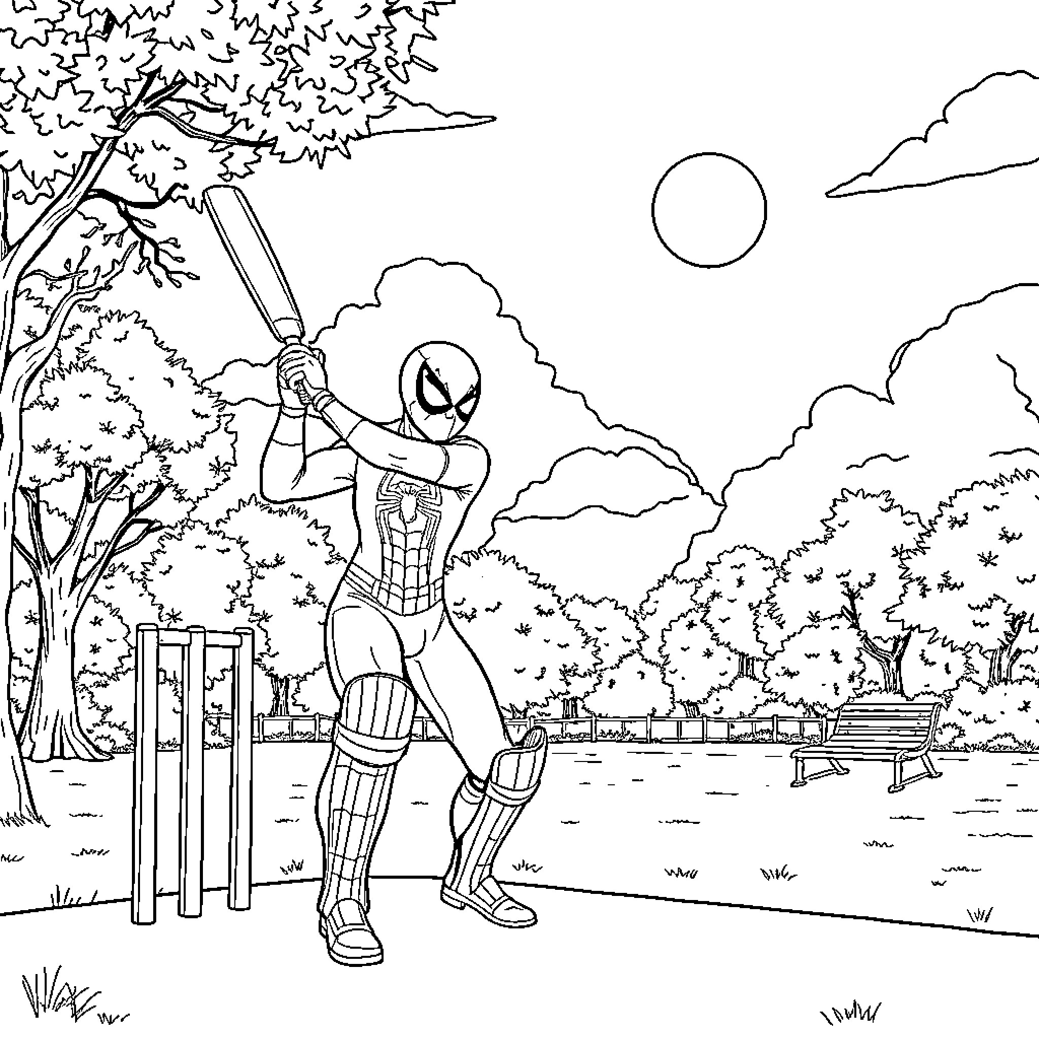 Spiderman playing cricket in the park Coloring Page (free black-and-white line drawing printable PDF for all, from beginners to advanced learners, including children, teens, adults, and seniors)
