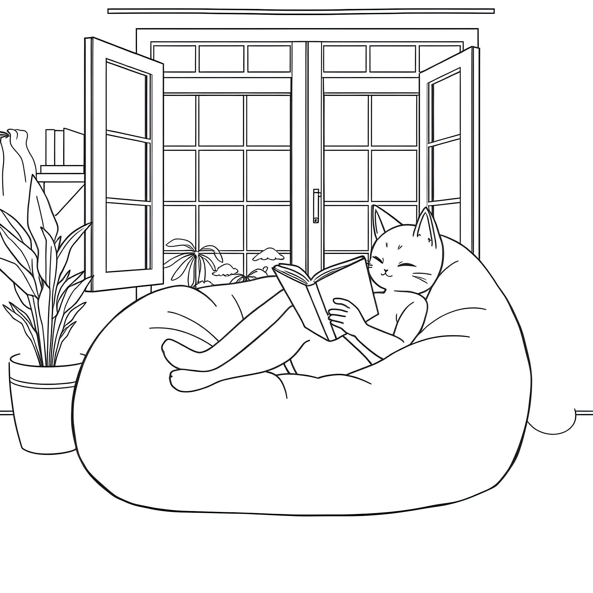 Neko Woman Relaxing Peacefully in Cozy Room Coloring Page (free black-and-white line drawing printable PDF for all, from beginners to advanced learners, including children, teens, adults, and seniors)