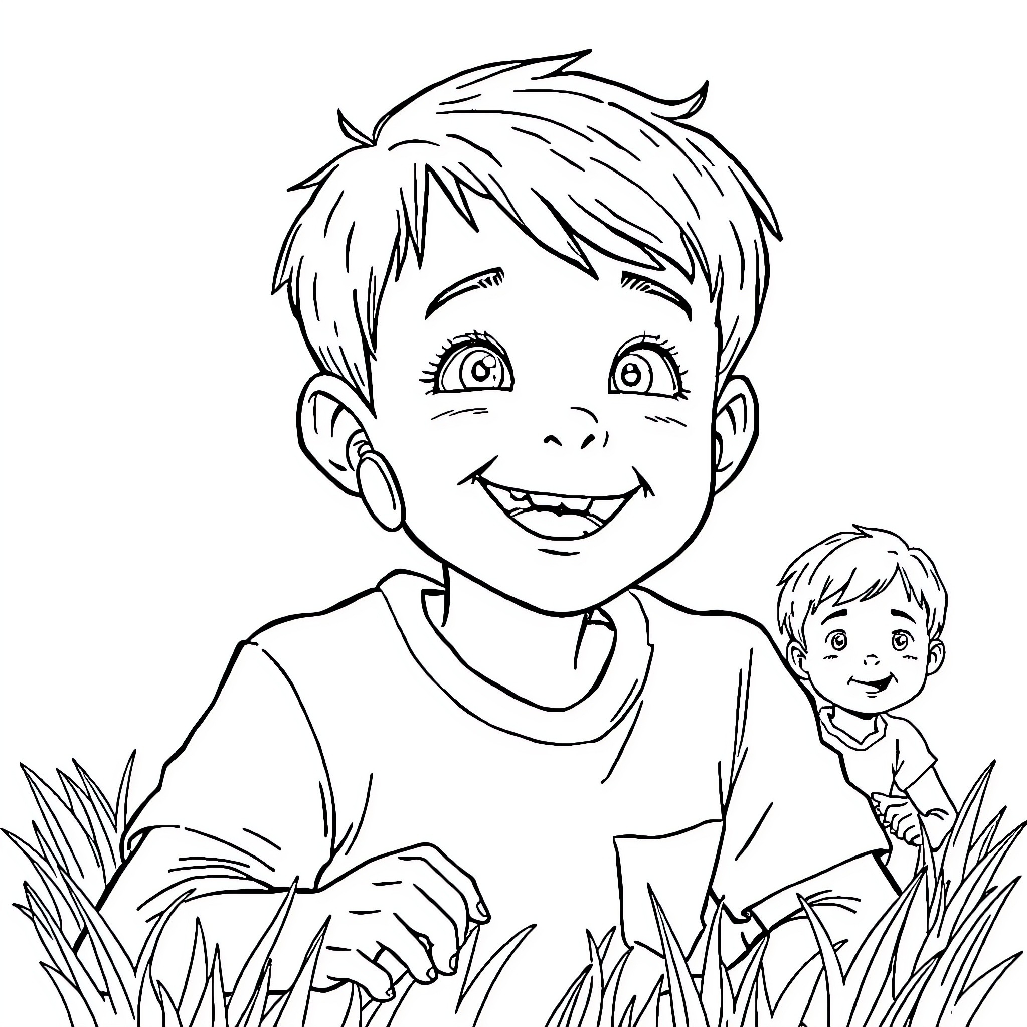 Boy Smiling Cheerfully in Grassy Field Coloring Page (free black-and-white line drawing printable PDF for all, from beginners to advanced learners, including children, teens, adults, and seniors)