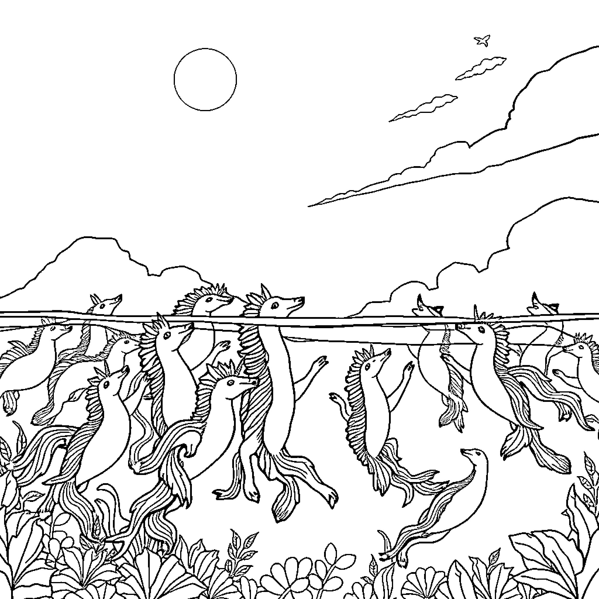 Unicorn creatures dancing in a whimsical landscape Coloring Page (free black-and-white line drawing printable PDF for all, from beginners to advanced learners, including children, teens, adults, and seniors)