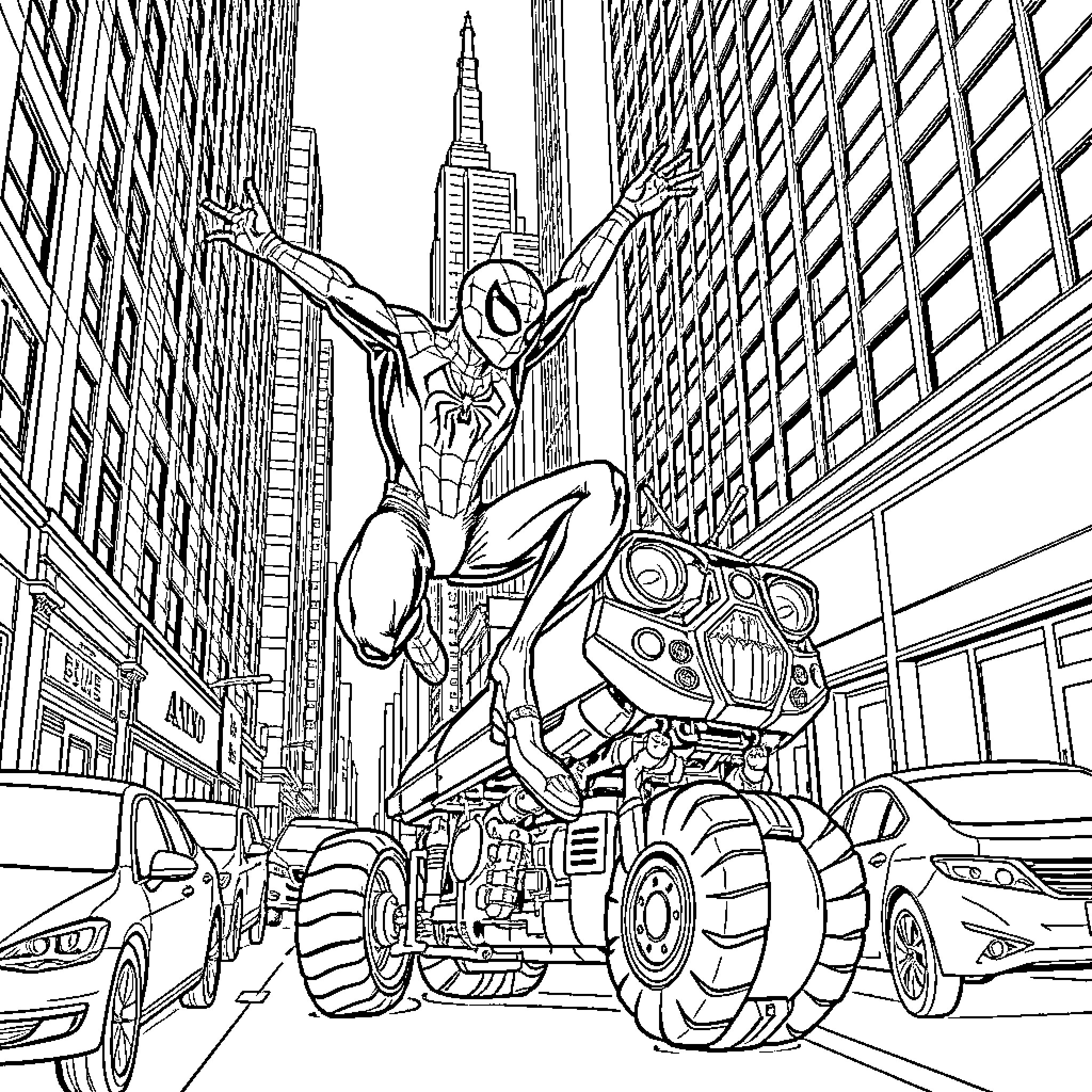 Spiderman swinging through the city on a giant robot Coloring Page (free black-and-white line drawing printable PDF for all, from beginners to advanced learners, including children, teens, adults, and seniors)