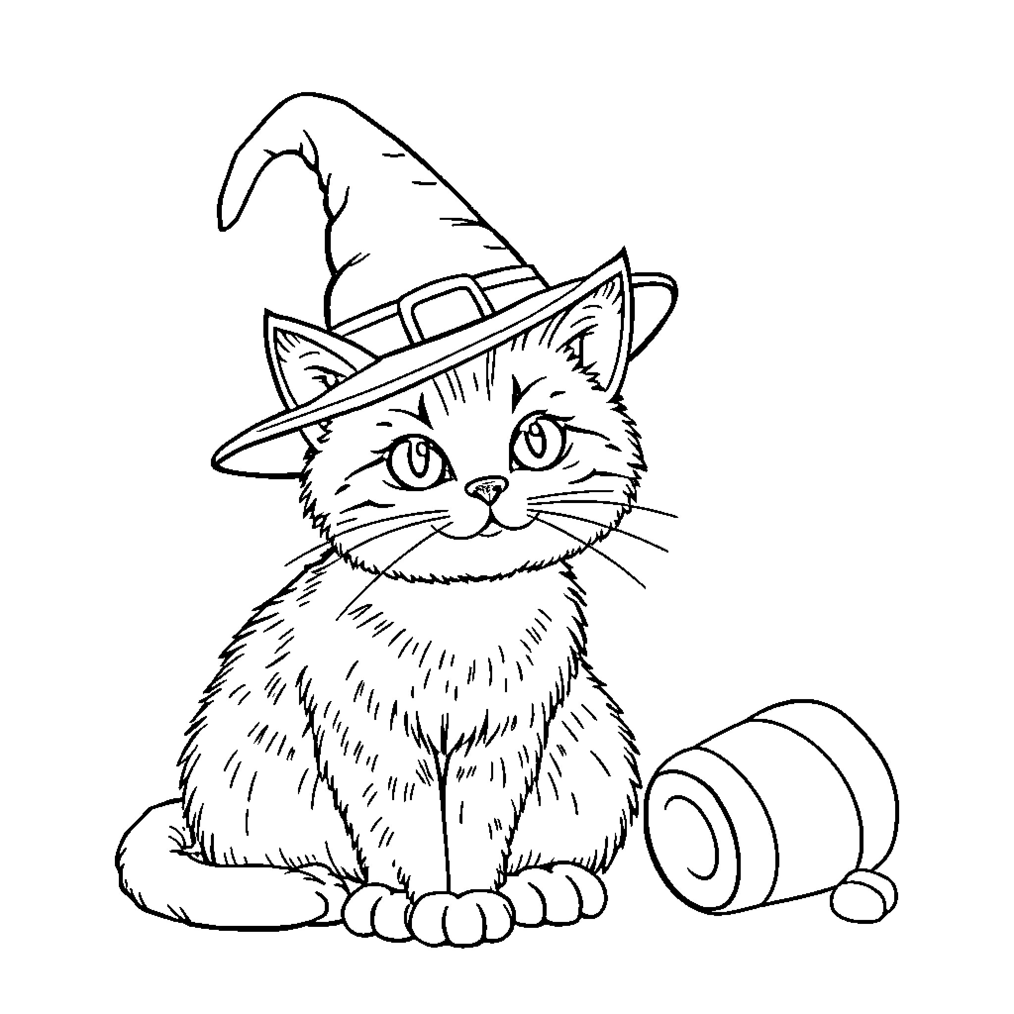 Cat in Witch's Hat with Toy Coloring Page (free black-and-white line drawing printable PDF for all, from beginners to advanced learners, including children, teens, adults, and seniors)