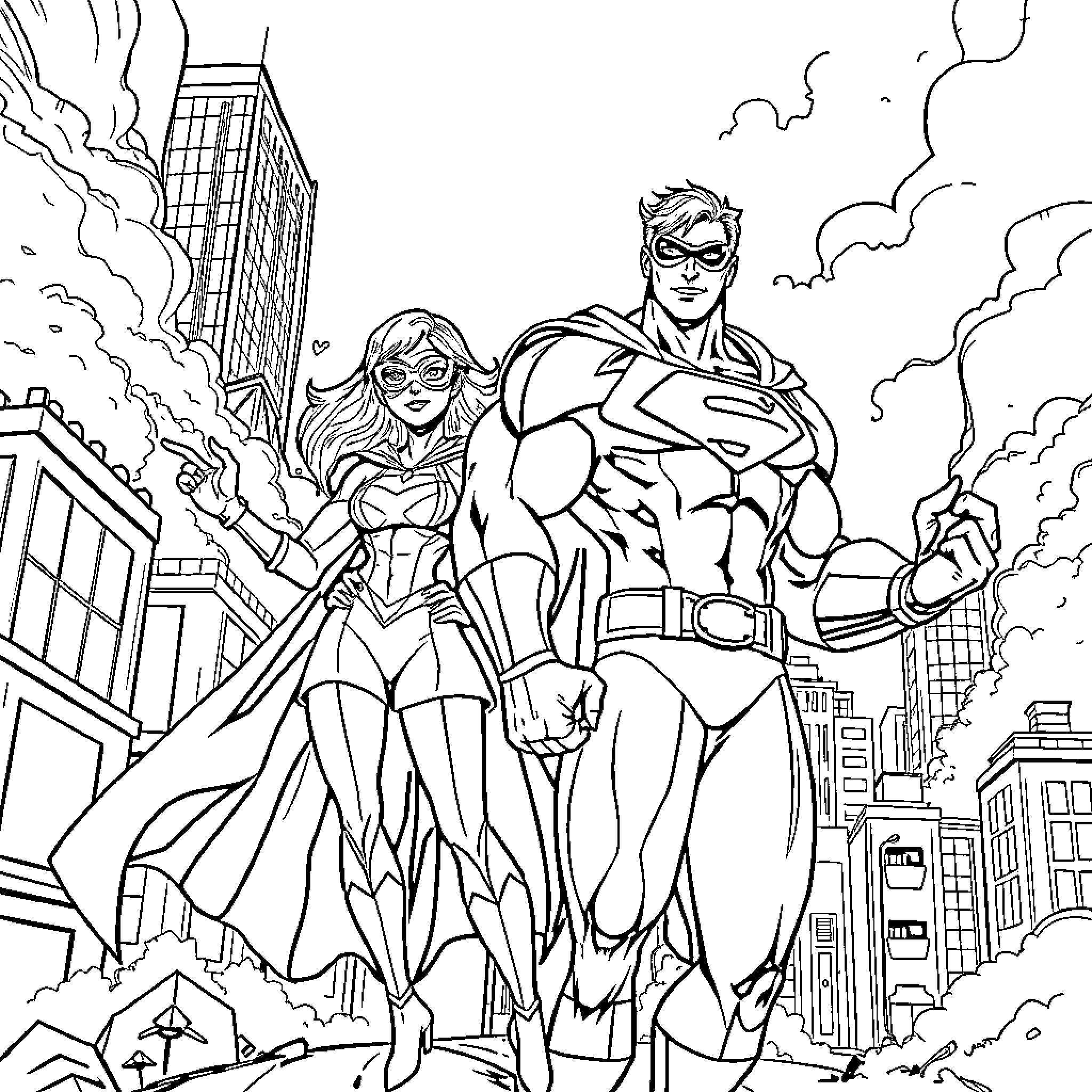 Superhero Duo Saving the City in Action Coloring Page (free black-and-white line drawing printable PDF for all, from beginners to advanced learners, including children, teens, adults, and seniors)