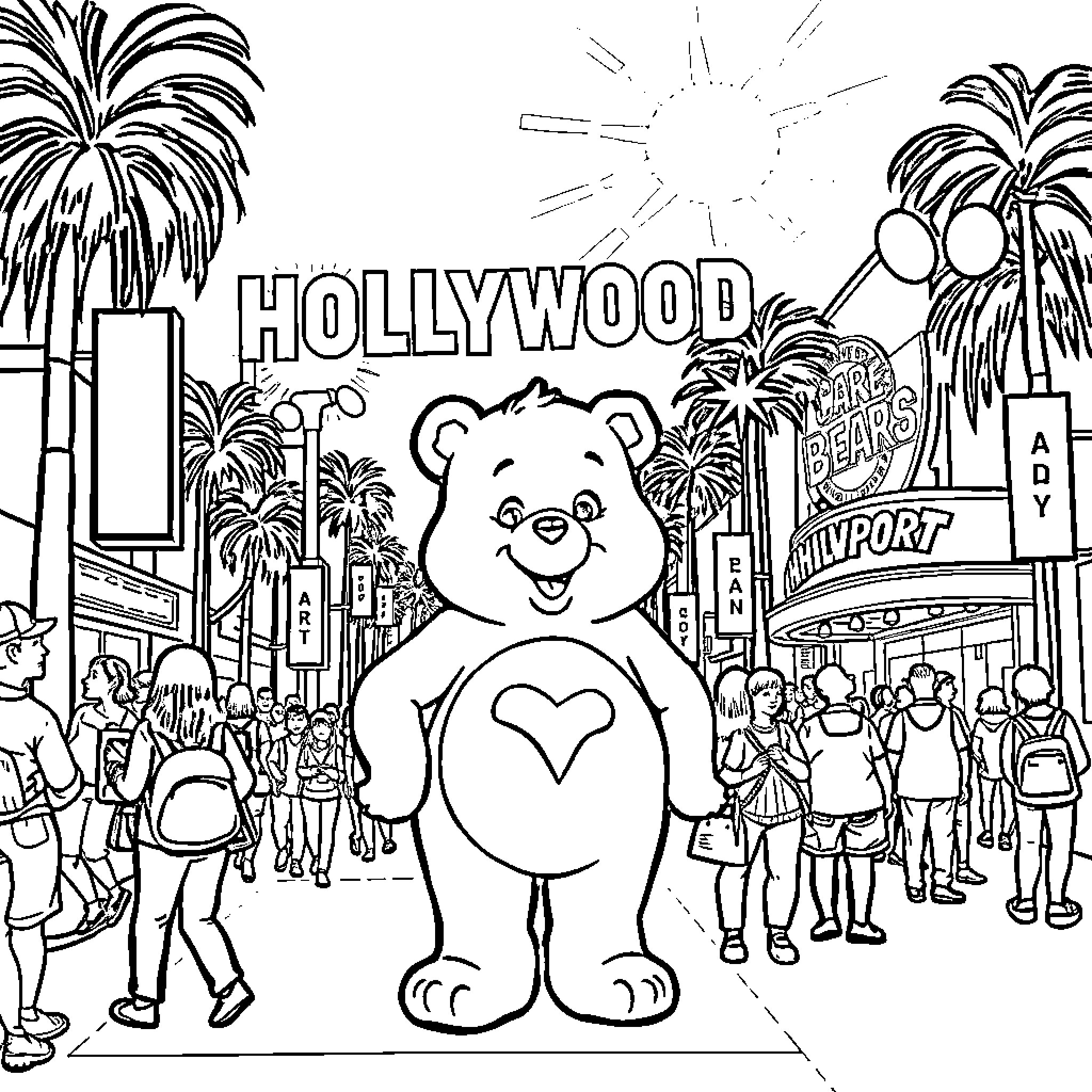 Carebear exploring the bustling Hollywood scene Coloring Page (free black-and-white line drawing printable PDF for all, from beginners to advanced learners, including children, teens, adults, and seniors)