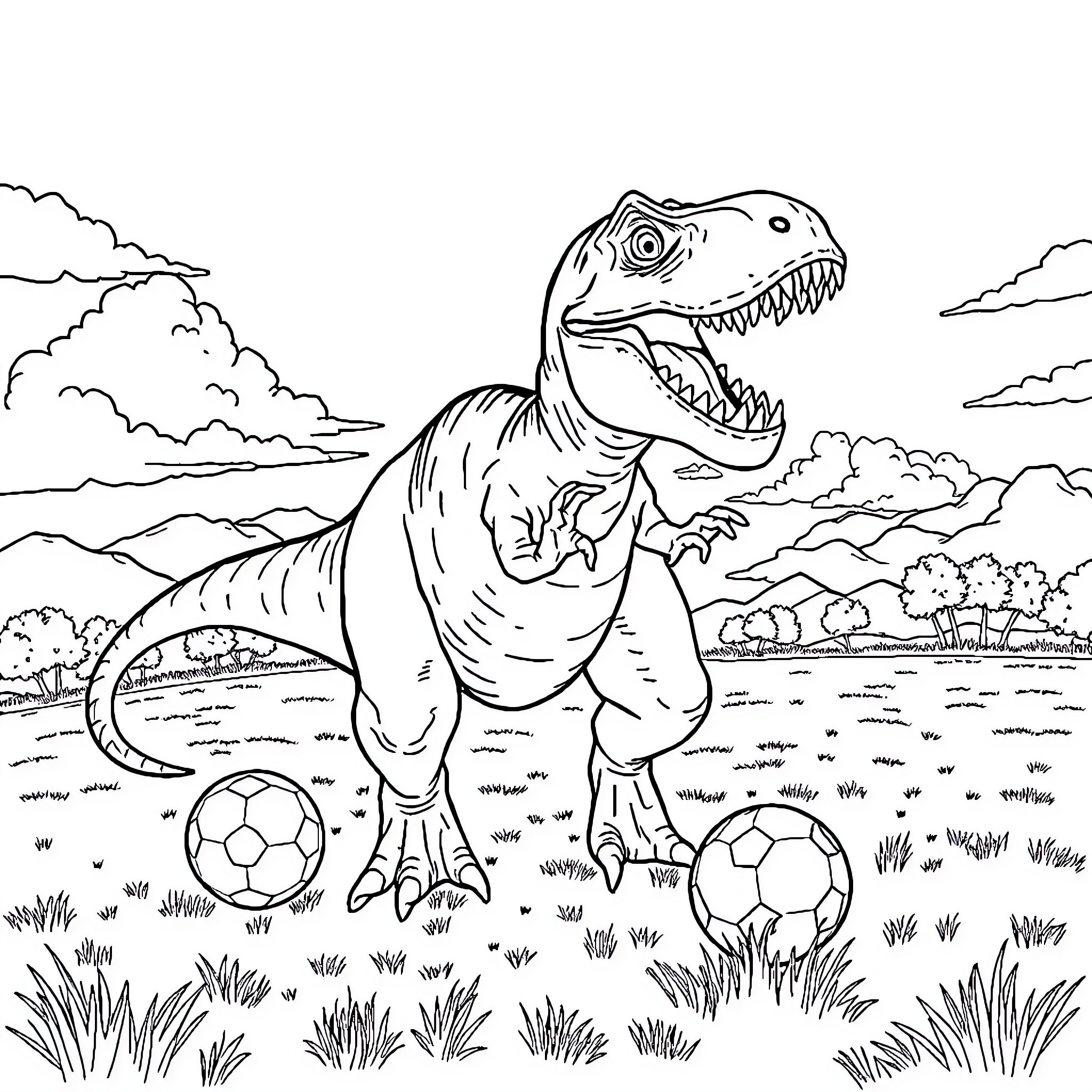 Indominus Rex playing with soccer balls in the wilderness Coloring Page (free black-and-white line drawing printable PDF for all, from beginners to advanced learners, including children, teens, adults, and seniors)