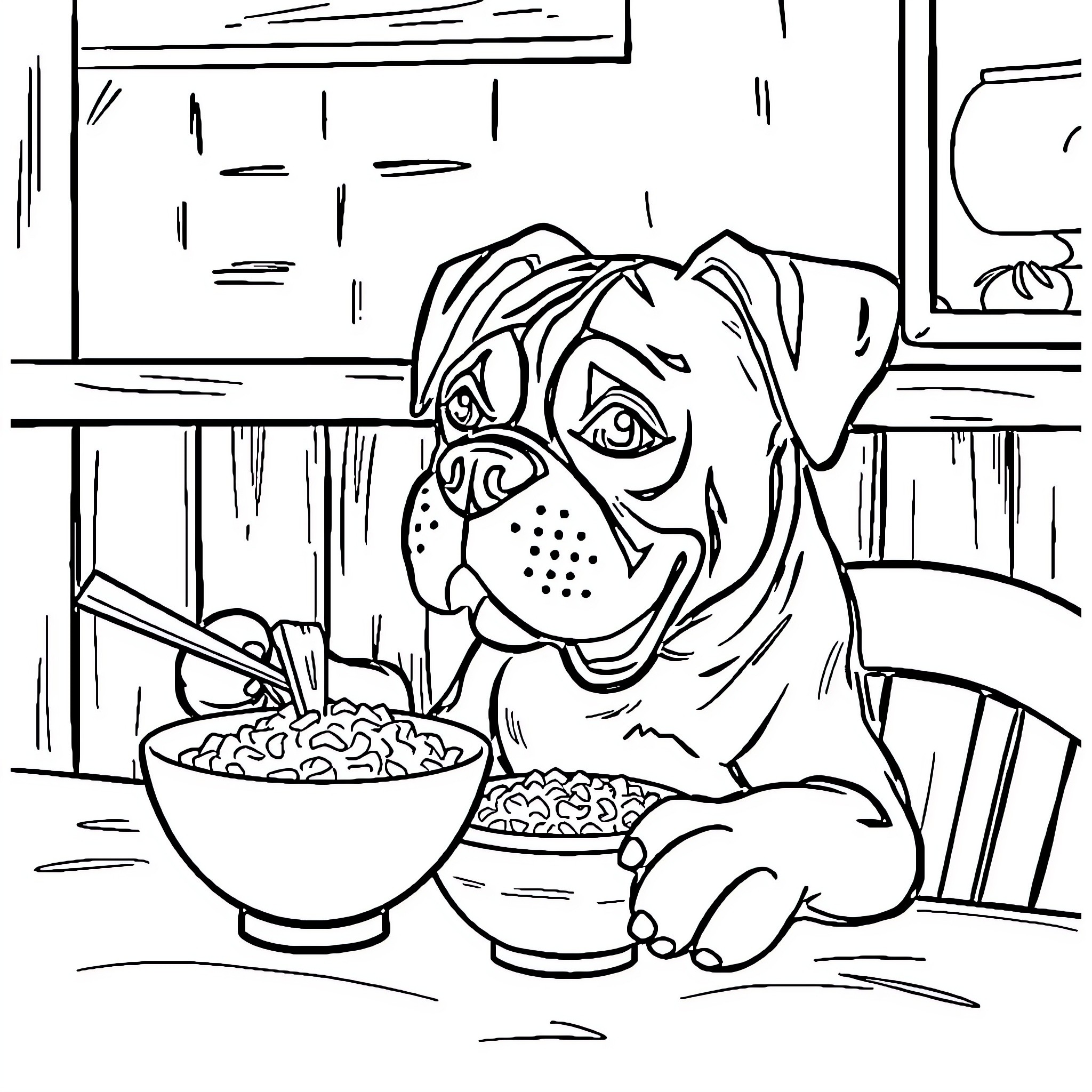 Boxer dog eating from a bowl Coloring Page (free black-and-white line drawing printable PDF for all, from beginners to advanced learners, including children, teens, adults, and seniors)