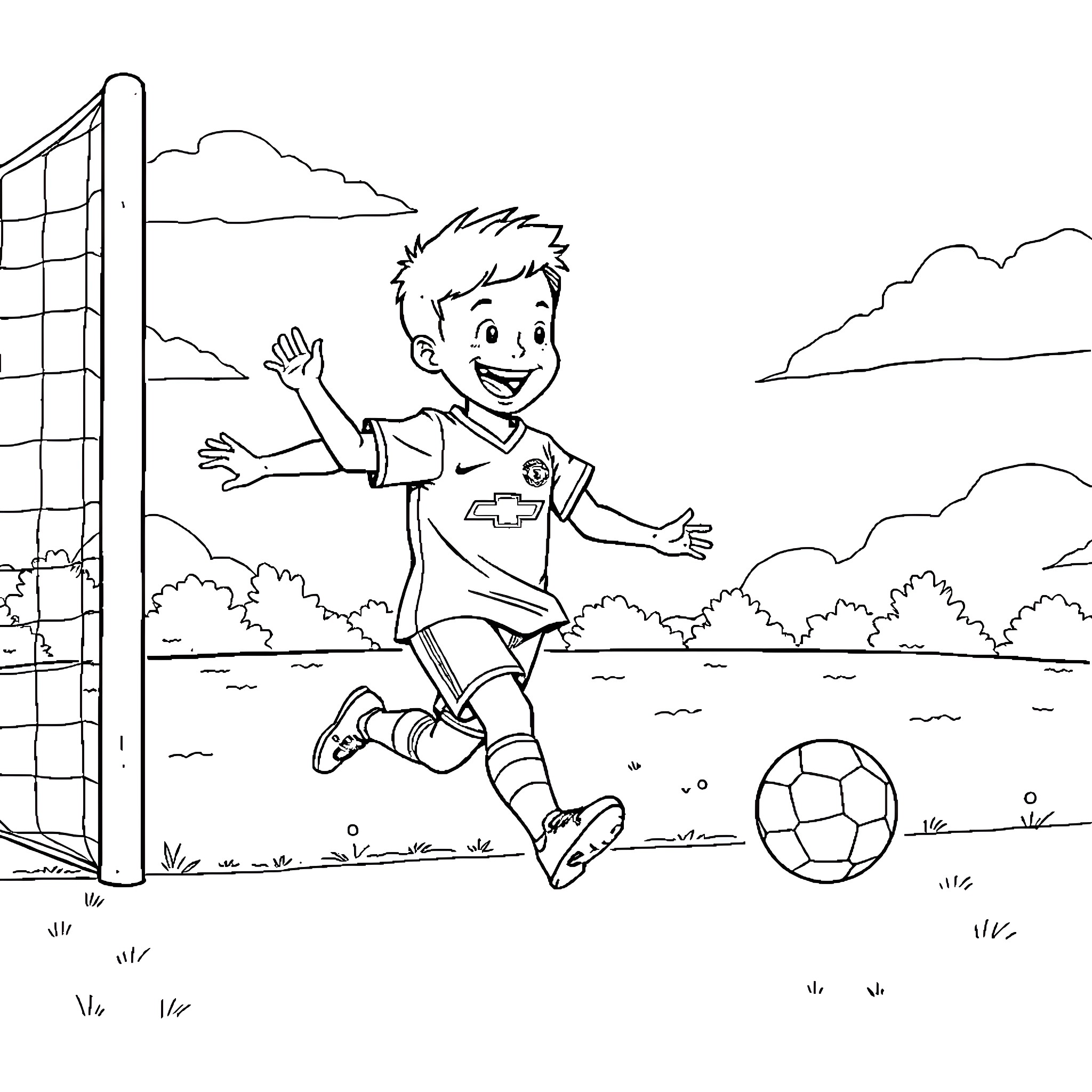 Boy Joyfully Playing Soccer on Field Coloring Page (free black-and-white line drawing printable PDF for all, from beginners to advanced learners, including children, teens, adults, and seniors)