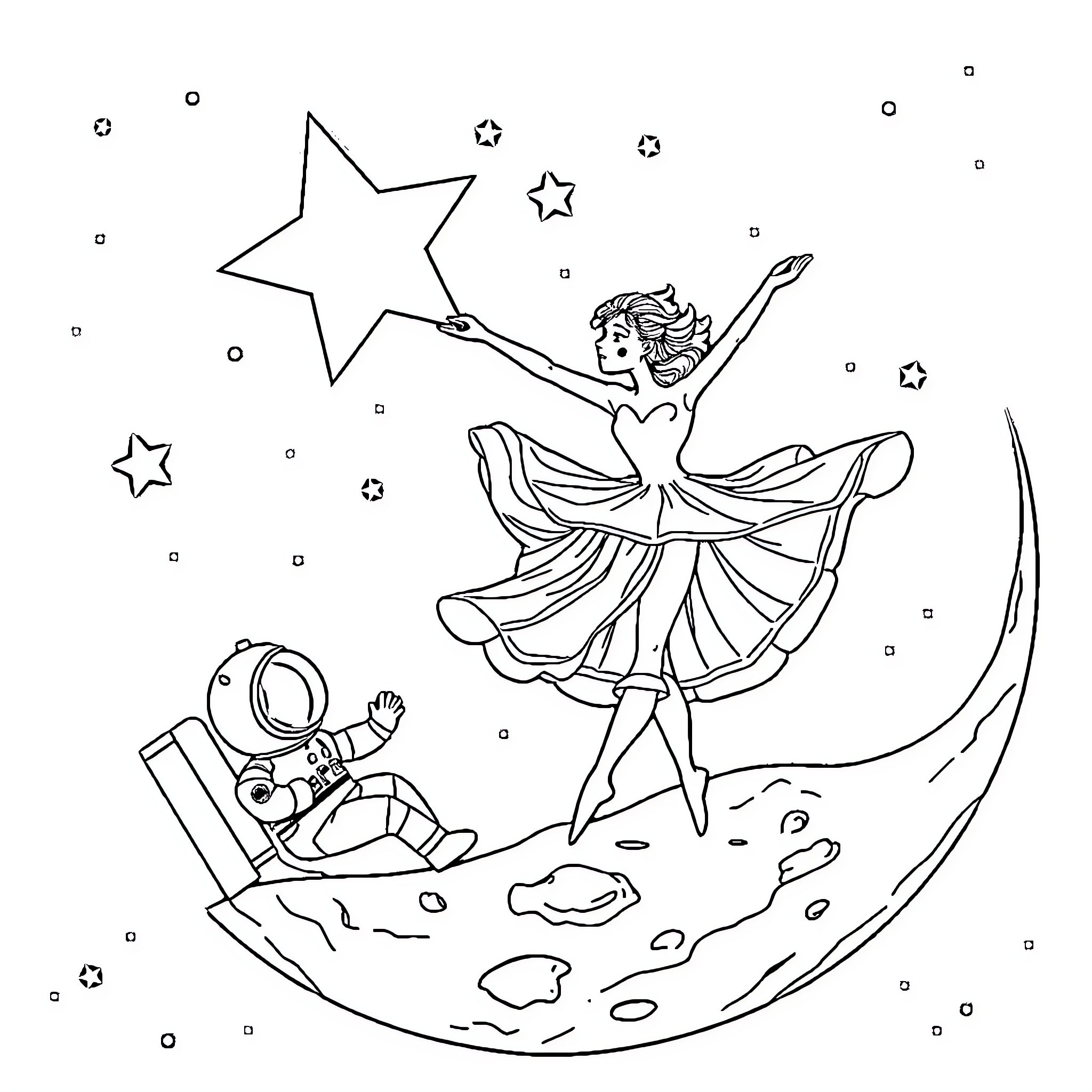 Dancer leaping gracefully among the stars Coloring Page (free black-and-white line drawing printable PDF for all, from beginners to advanced learners, including children, teens, adults, and seniors)