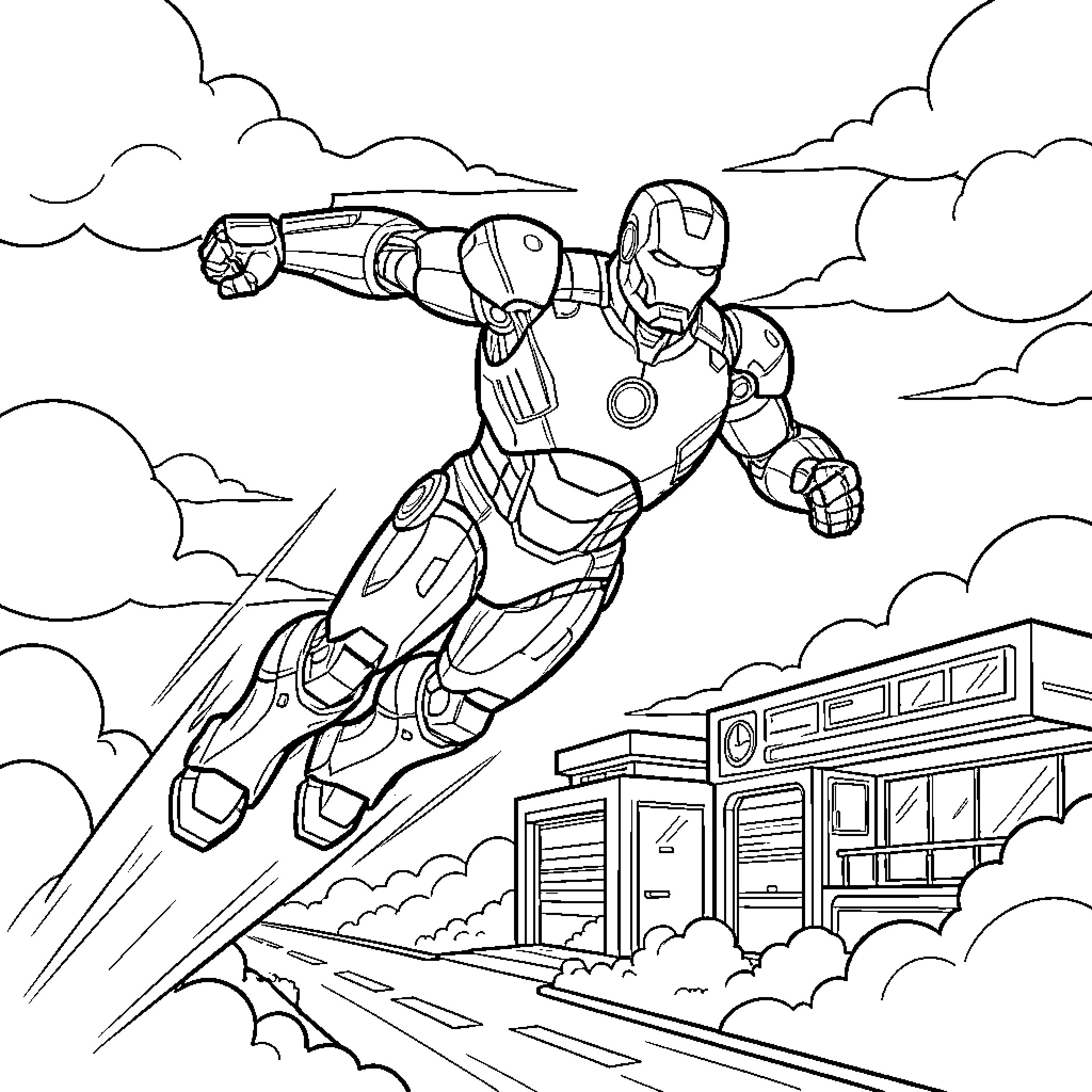 Ironman soaring through the sky in heroic pose Coloring Page (free black-and-white line drawing printable PDF for all, from beginners to advanced learners, including children, teens, adults, and seniors)