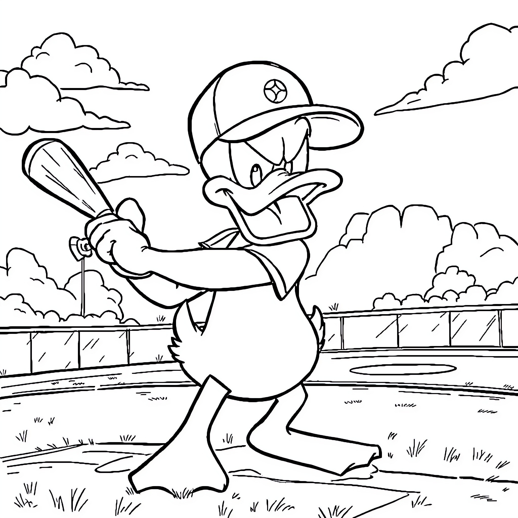 Duffy Duck playing baseball in the park Coloring Page (free black-and-white line drawing printable PDF for all, from beginners to advanced learners, including children, teens, adults, and seniors)