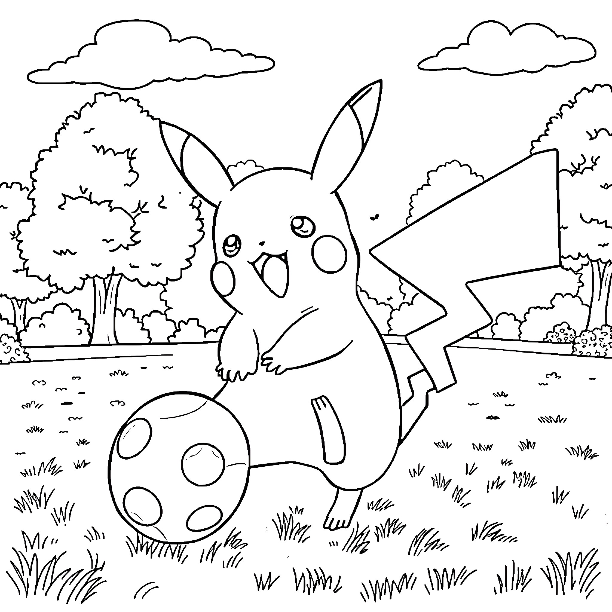 Pikachu playing in a scenic outdoor landscape Coloring Page (free black-and-white line drawing printable PDF for all, from beginners to advanced learners, including children, teens, adults, and seniors)