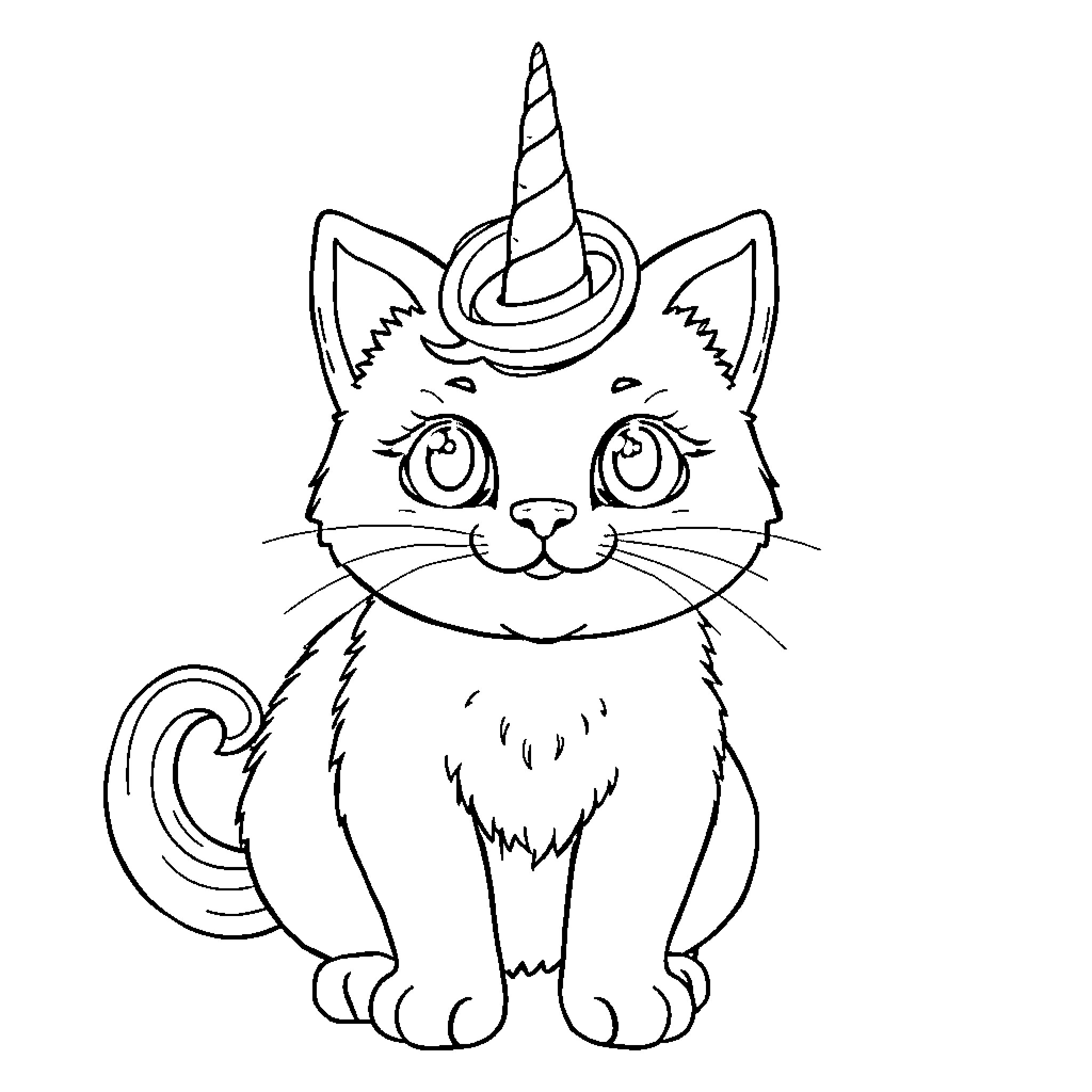 Unicorn Cat with Playful Expression Coloring Page (free black-and-white line drawing printable PDF for all, from beginners to advanced learners, including children, teens, adults, and seniors)