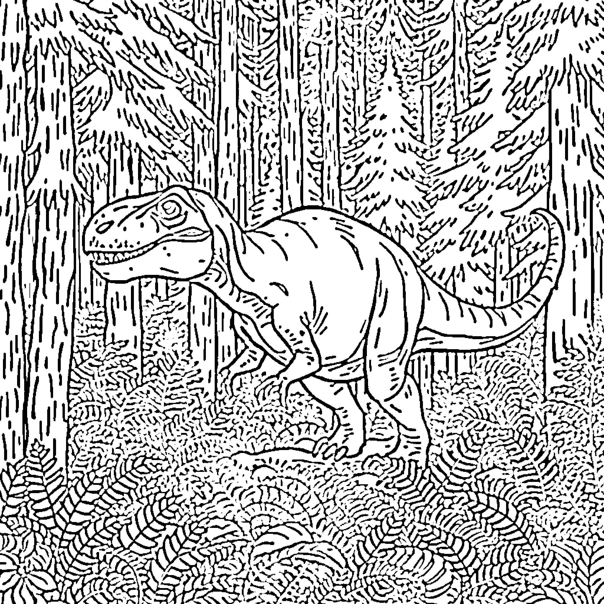Dinosaur exploring the lush forest landscape Coloring Page (free black-and-white line drawing printable PDF for all, from beginners to advanced learners, including children, teens, adults, and seniors)