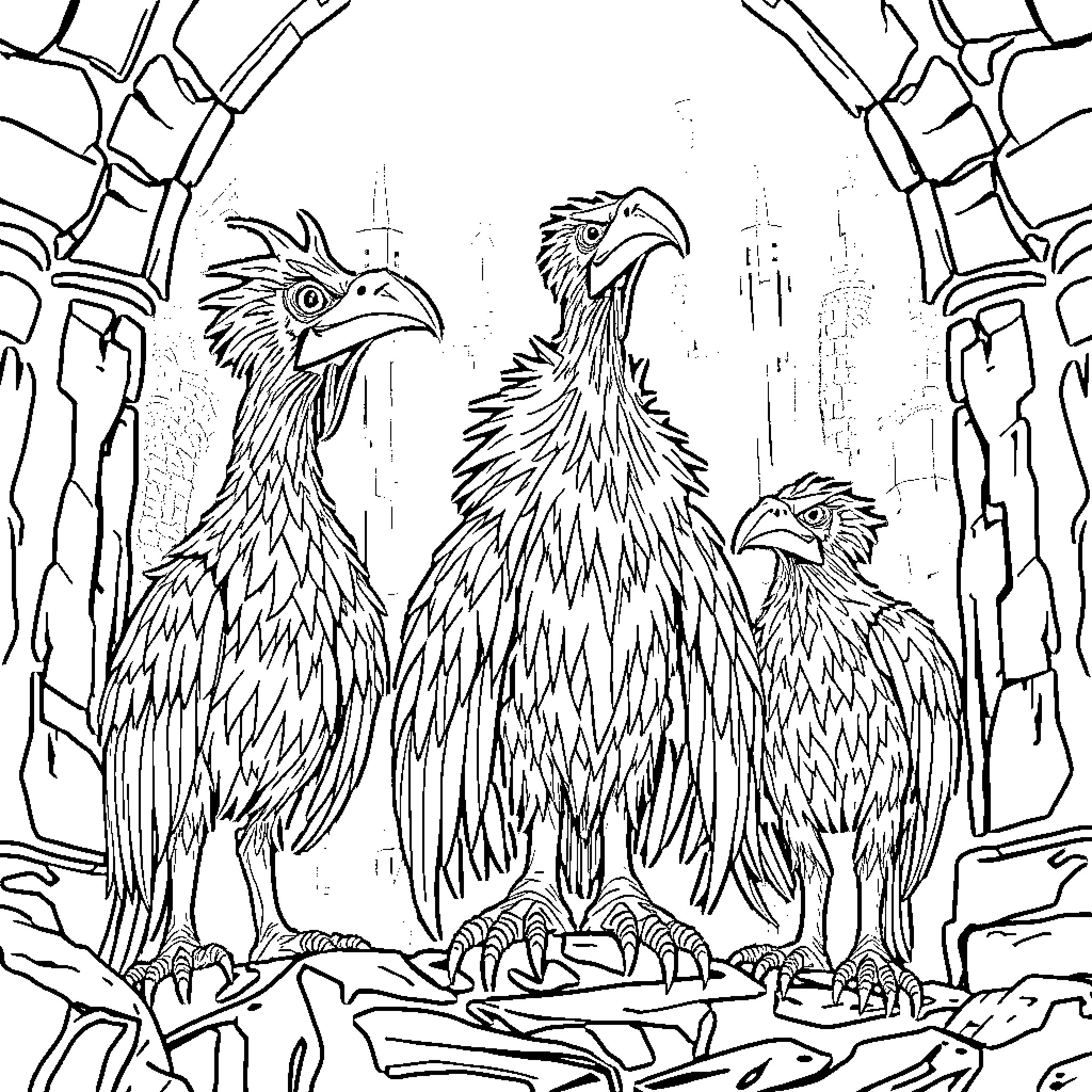 Skeksis creatures in a dark, ominous environment Coloring Page (free black-and-white line drawing printable PDF for all, from beginners to advanced learners, including children, teens, adults, and seniors)